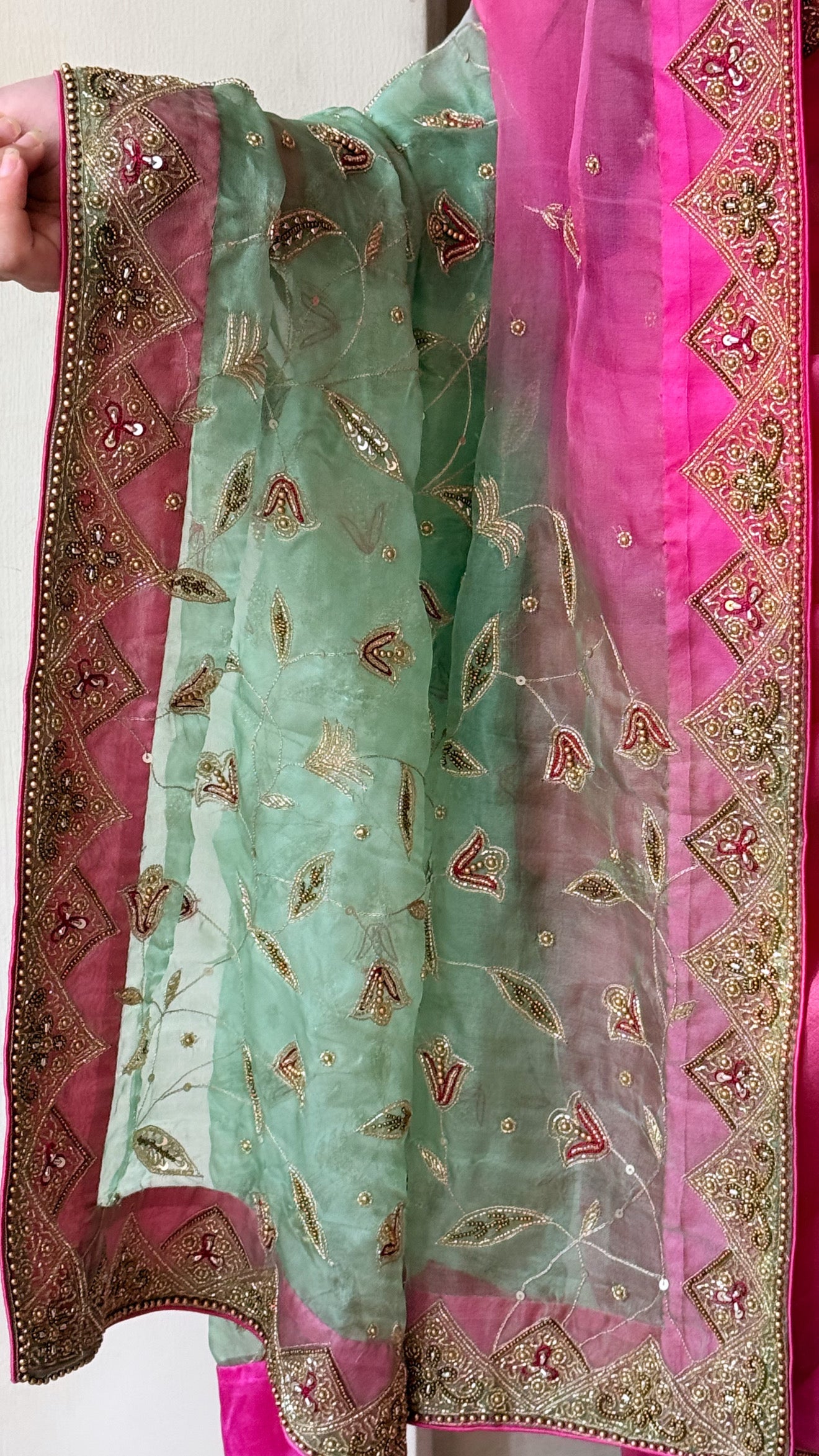 Gulkand edit - Banarasi kora silk ombre shaded hand embroidered kadhwa saree preorder on 15 days