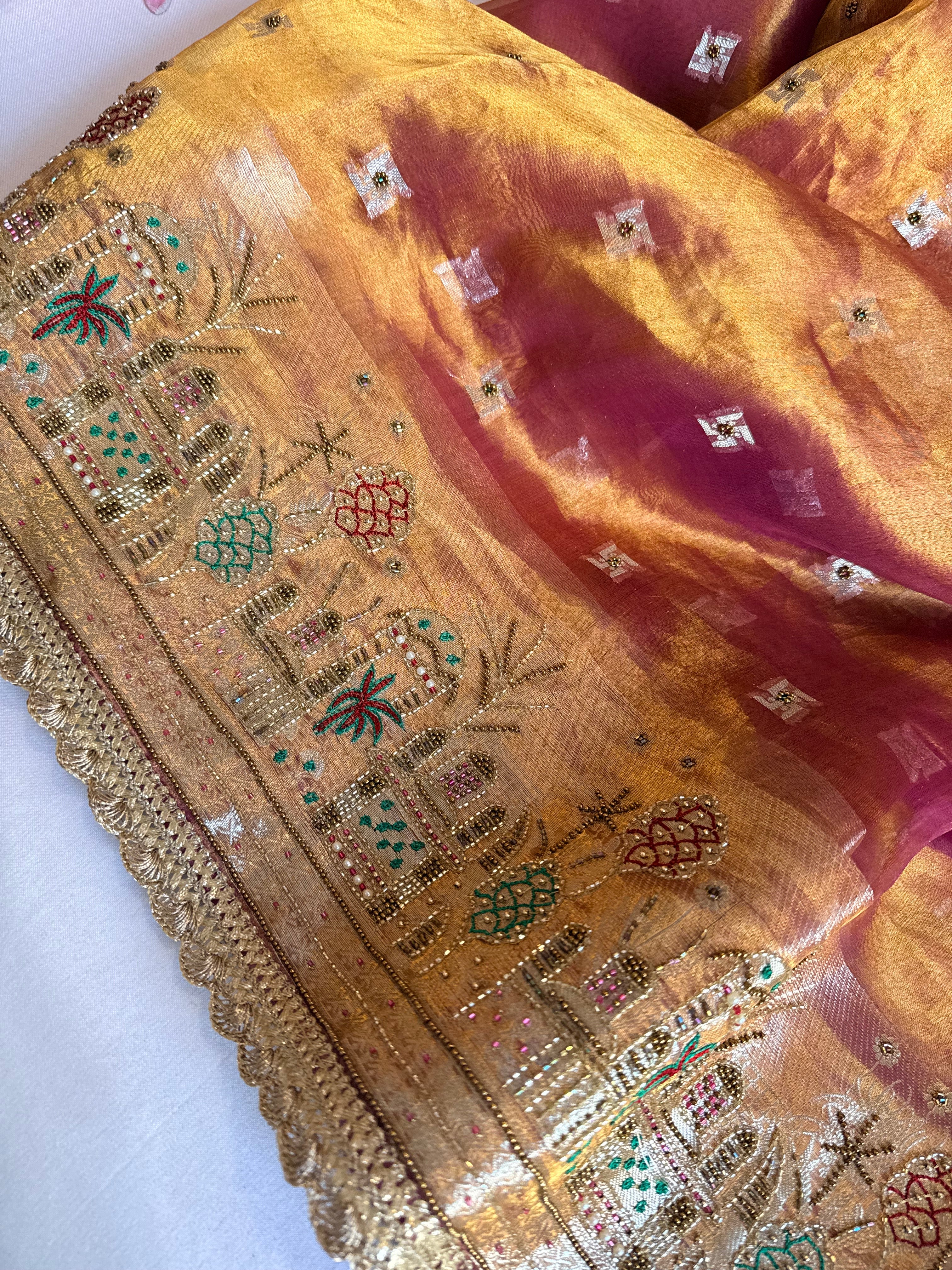 Ganga-darshan edit - Tissue silk kanjivaram purple hand embroidered kadhwa saree