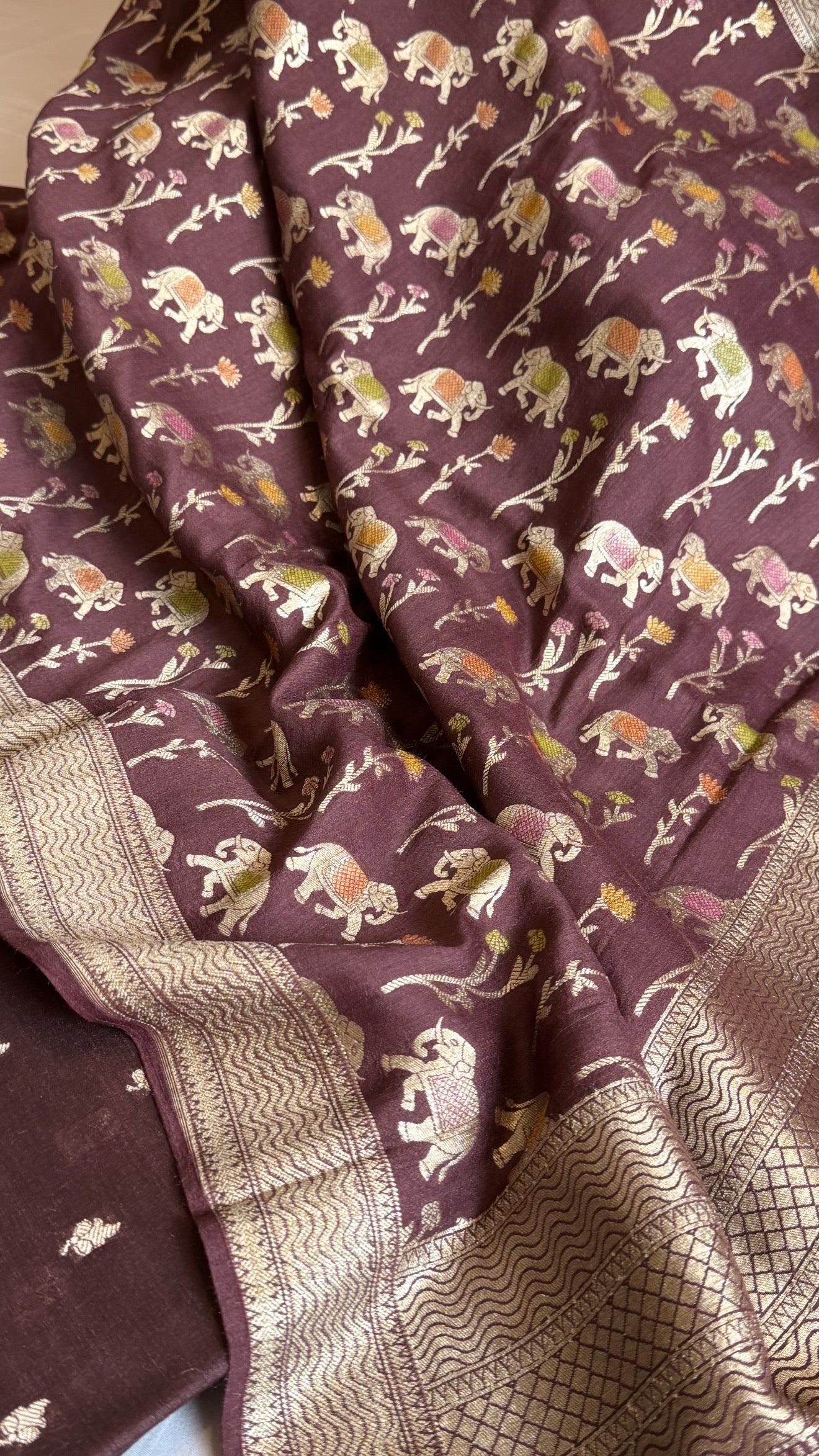 Deep wine moonga silk elephant motif kadhwa weaving suit set