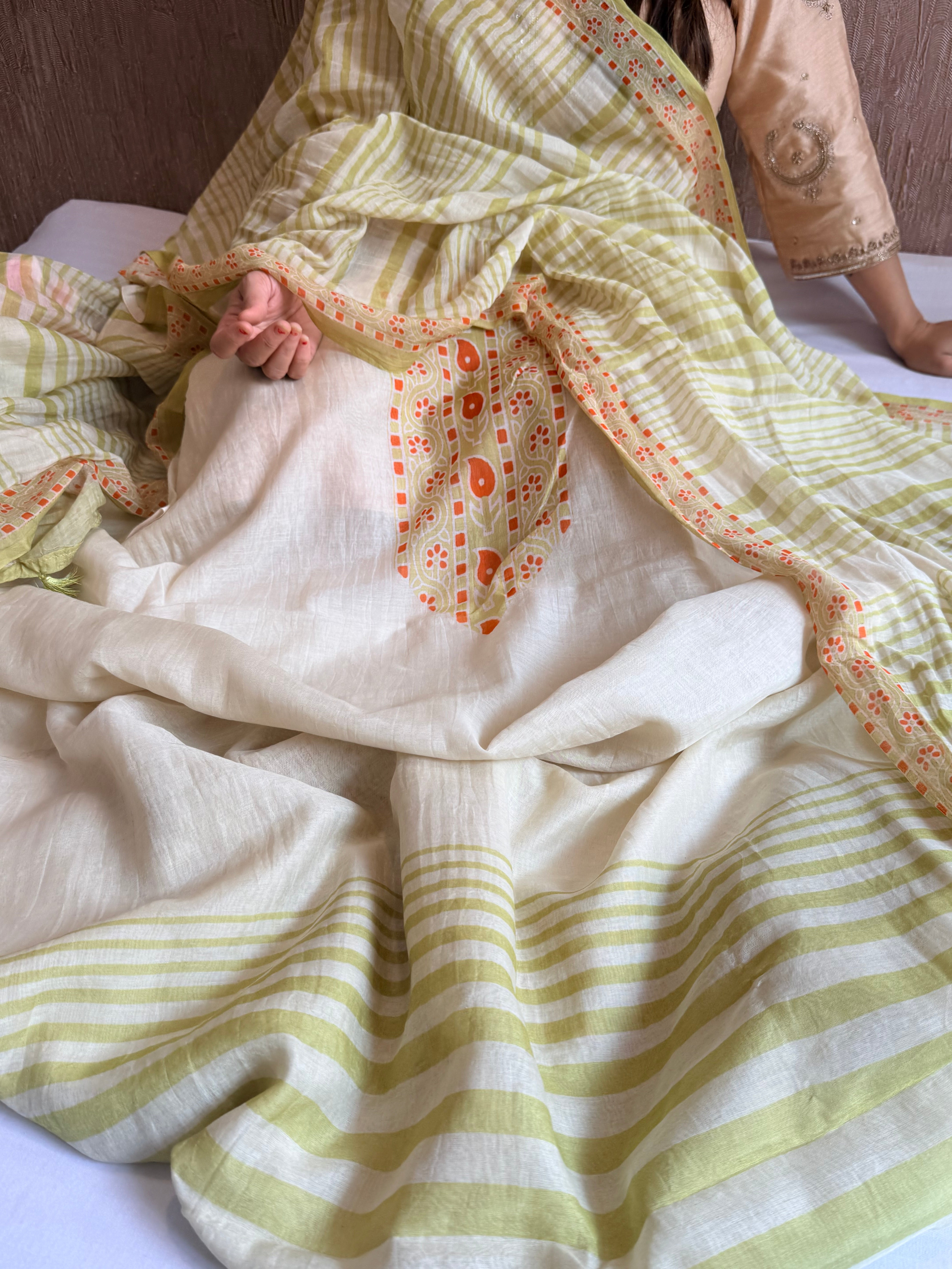 Dusty green mul cotton printed kadhwa weaving suit set