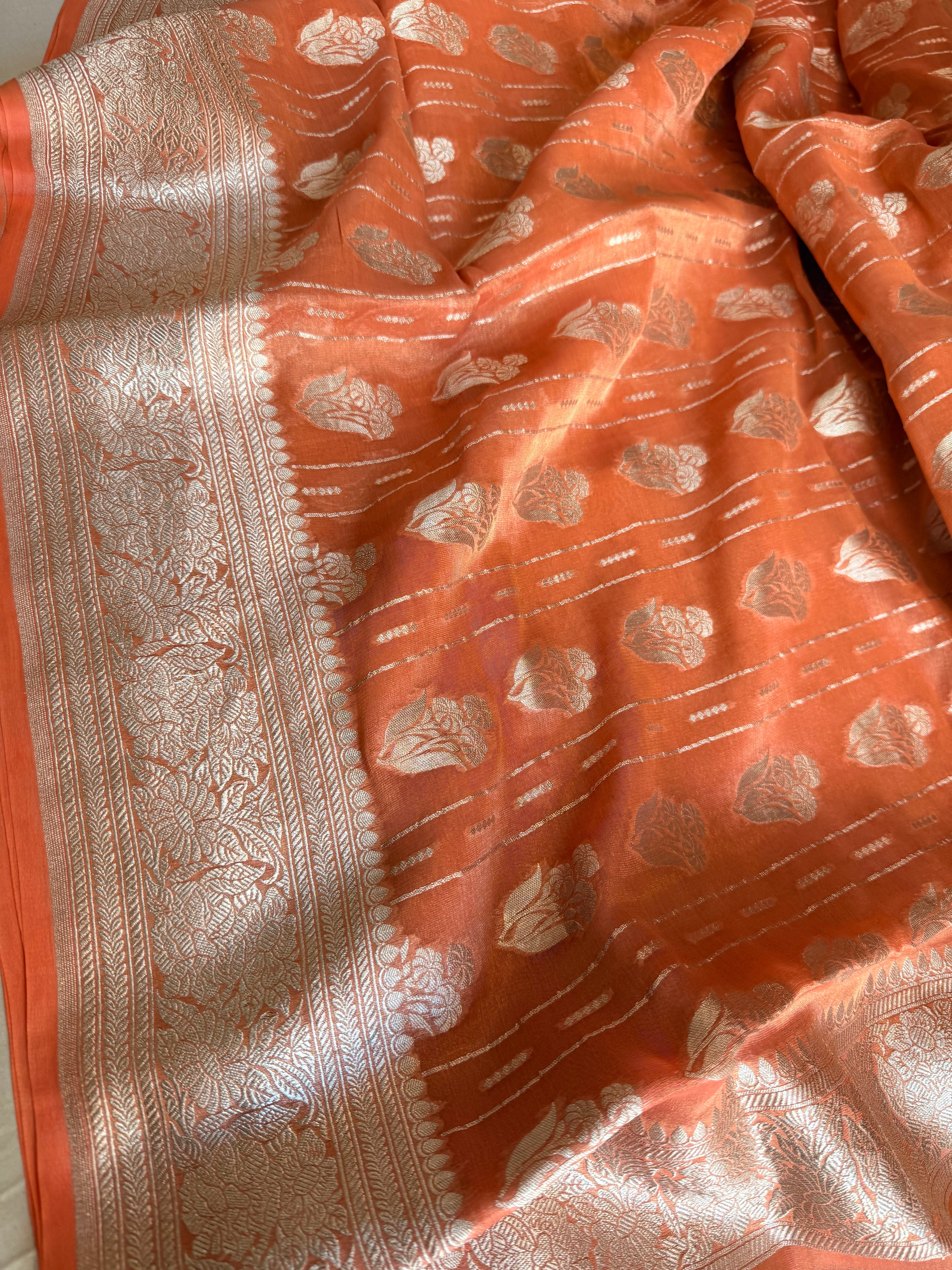Chiffon soft orange tissue gorgette kadhwa weaving saree