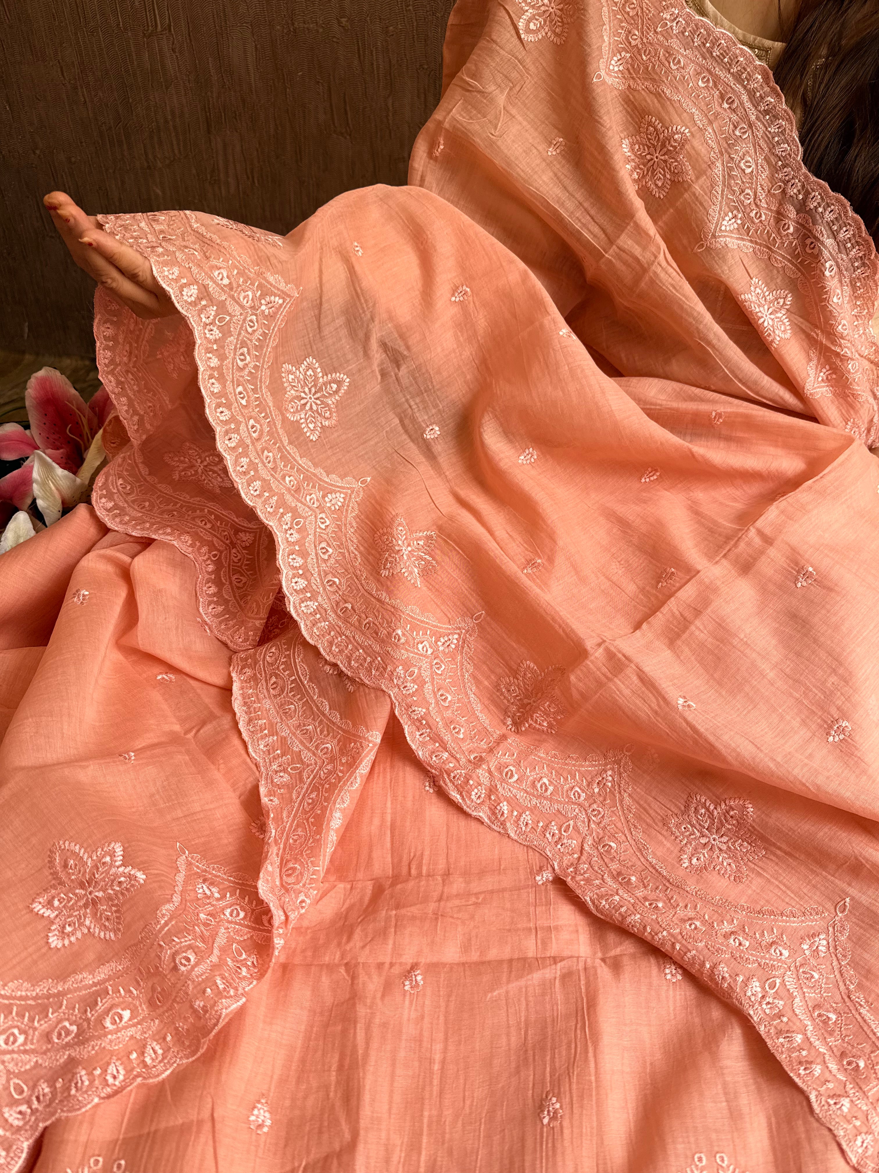 Peach mul cotton thread hand embroidered suit set