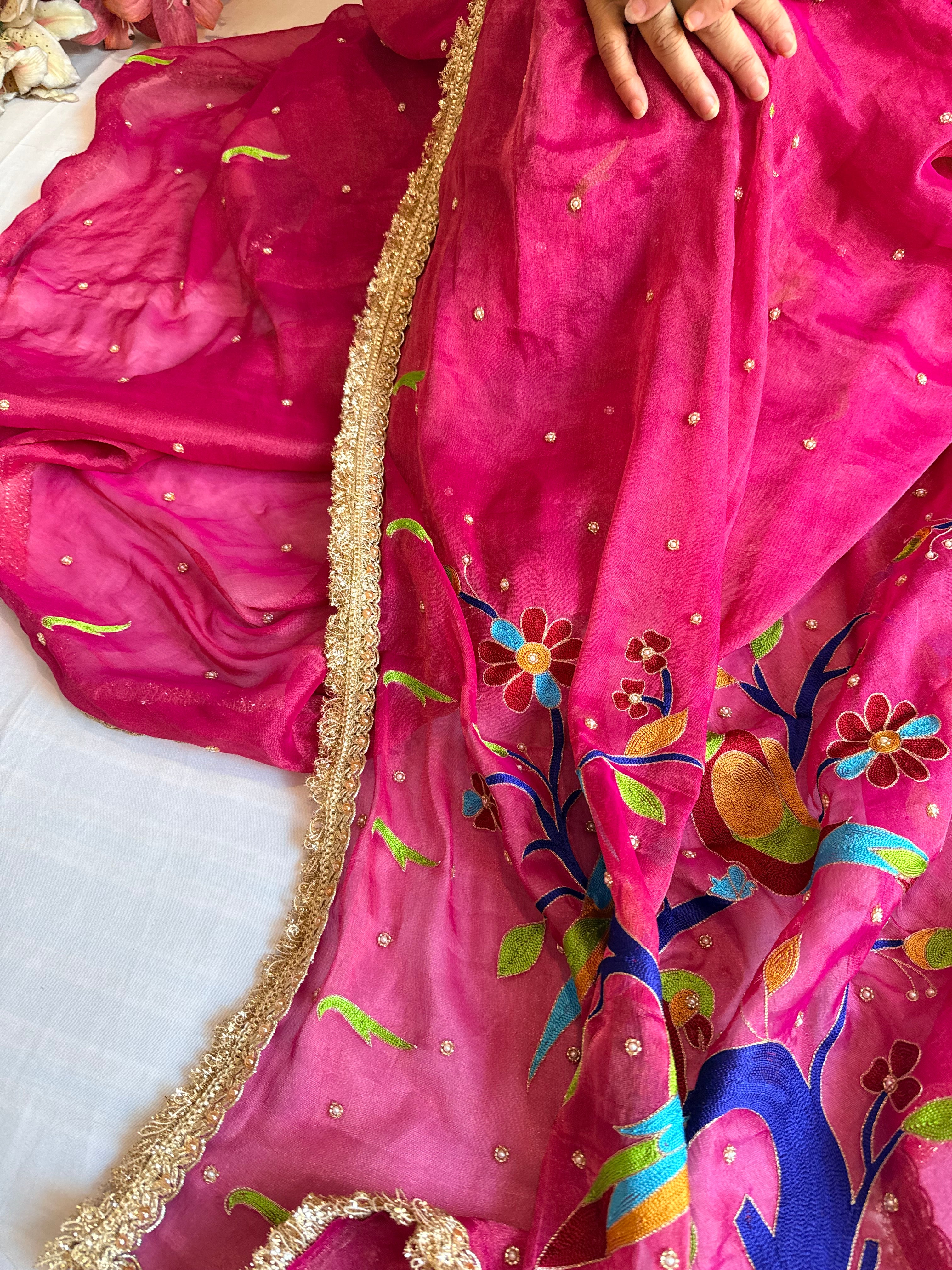 Strawberry pink tissue gorgette paithani meenakari hand embroidered saree