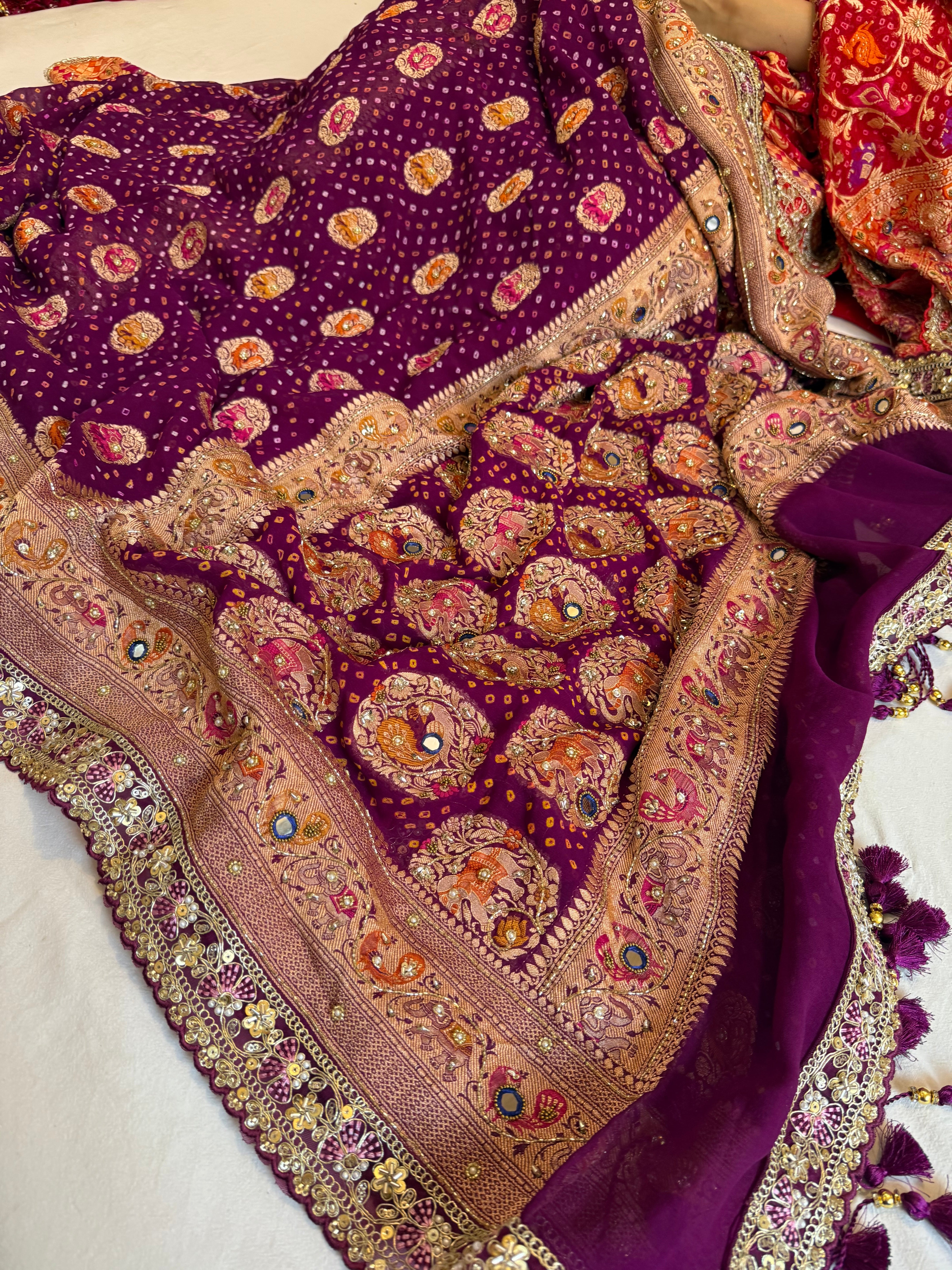 Banarasi rai bandhej gorgette hand embroidered kadhwa saree