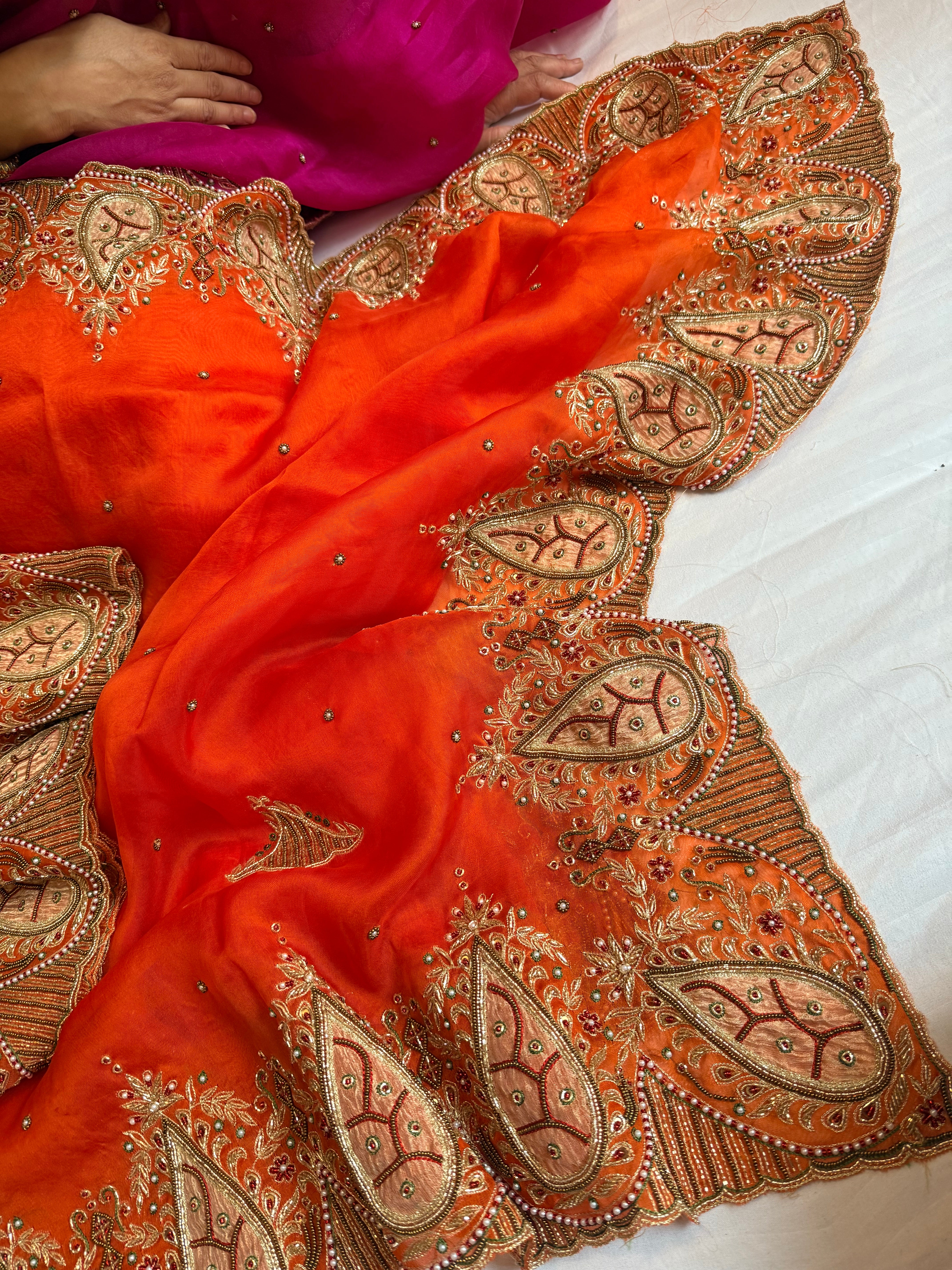 Gulab genda edit - Banarasi Kora silk fanta orange hand embroidered saree