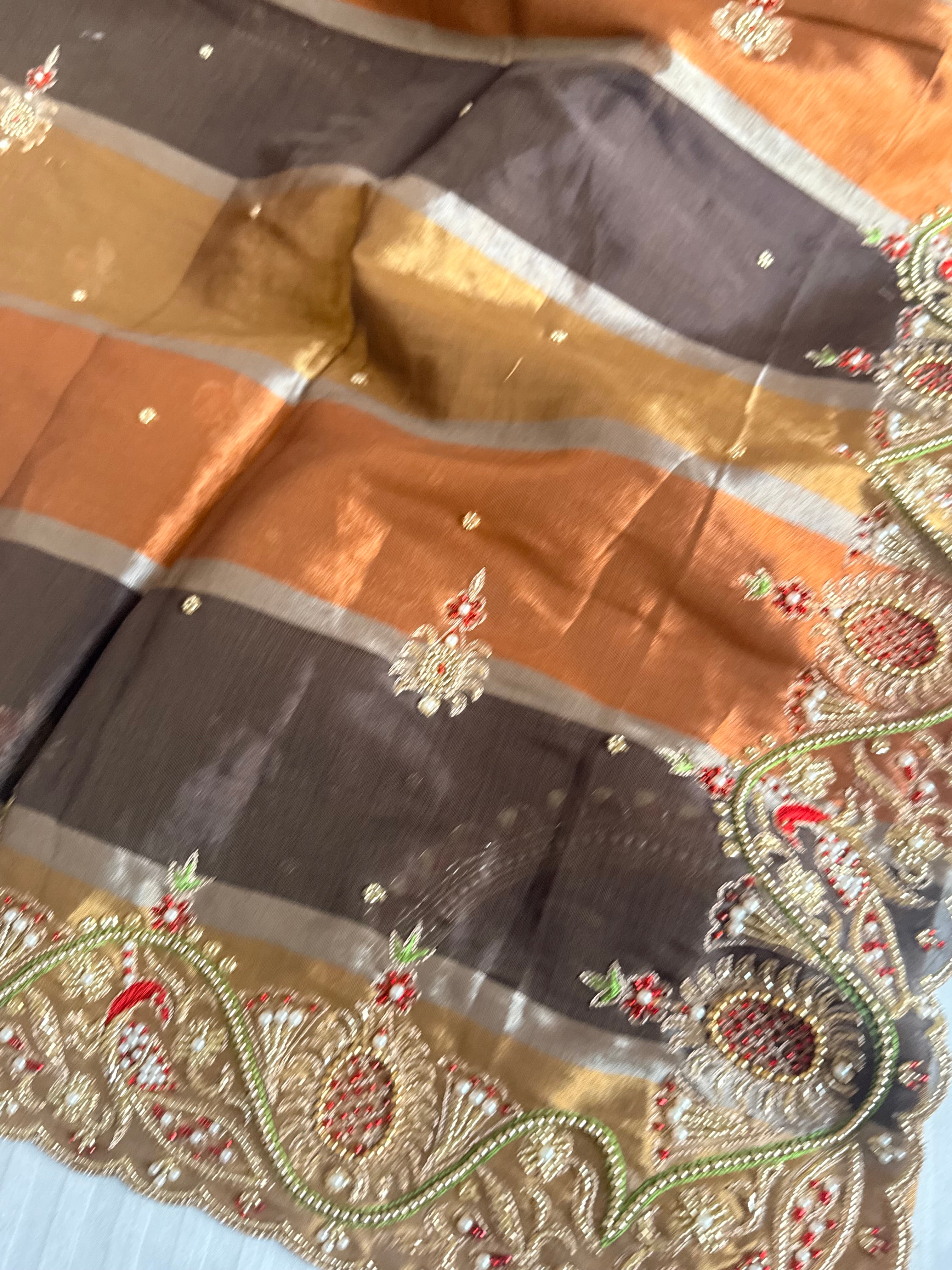 Kanjivaram banarasi tissue silk hand embroidered kadhwa saree with katan silk blouse