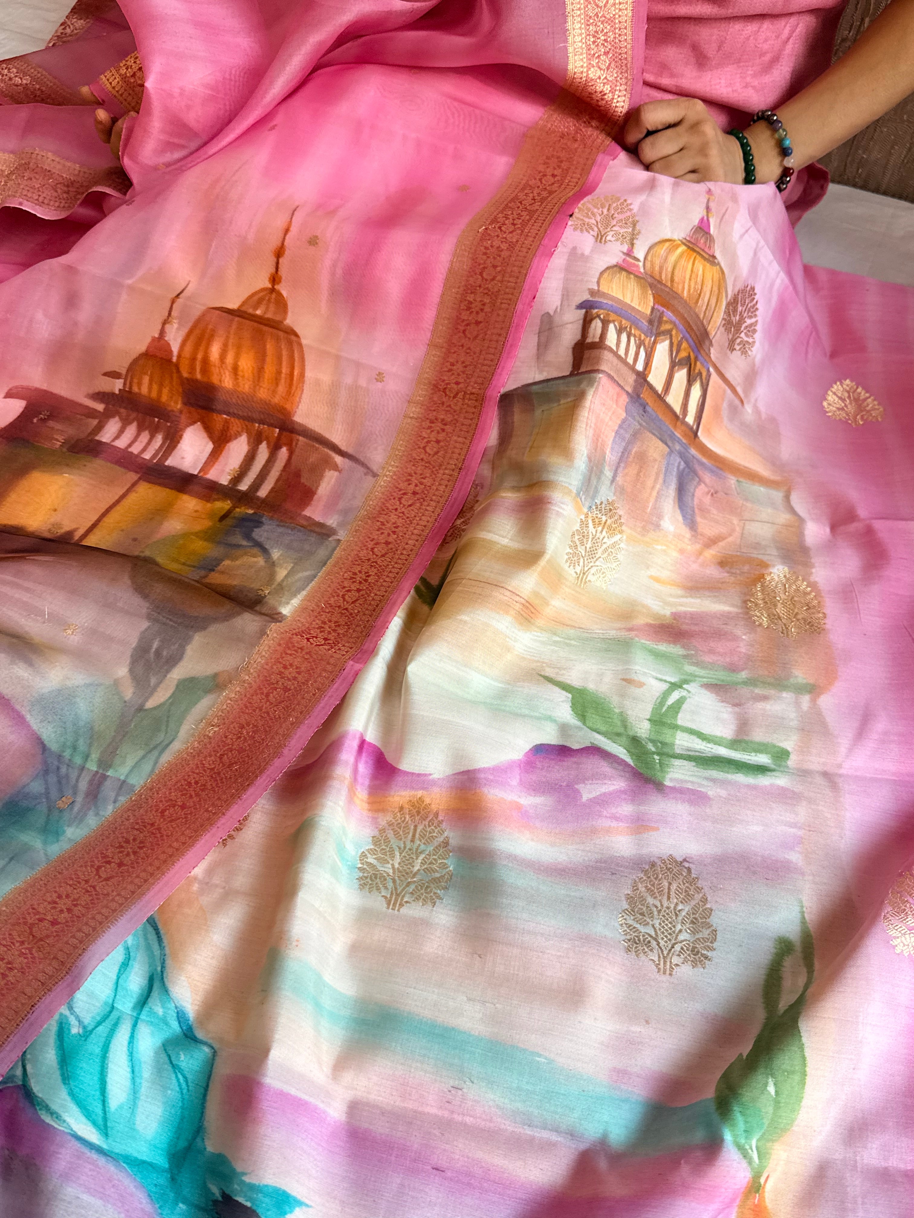 Banarasi kora silk handpainted ghatwork kadhwa buti rainbow dye suits