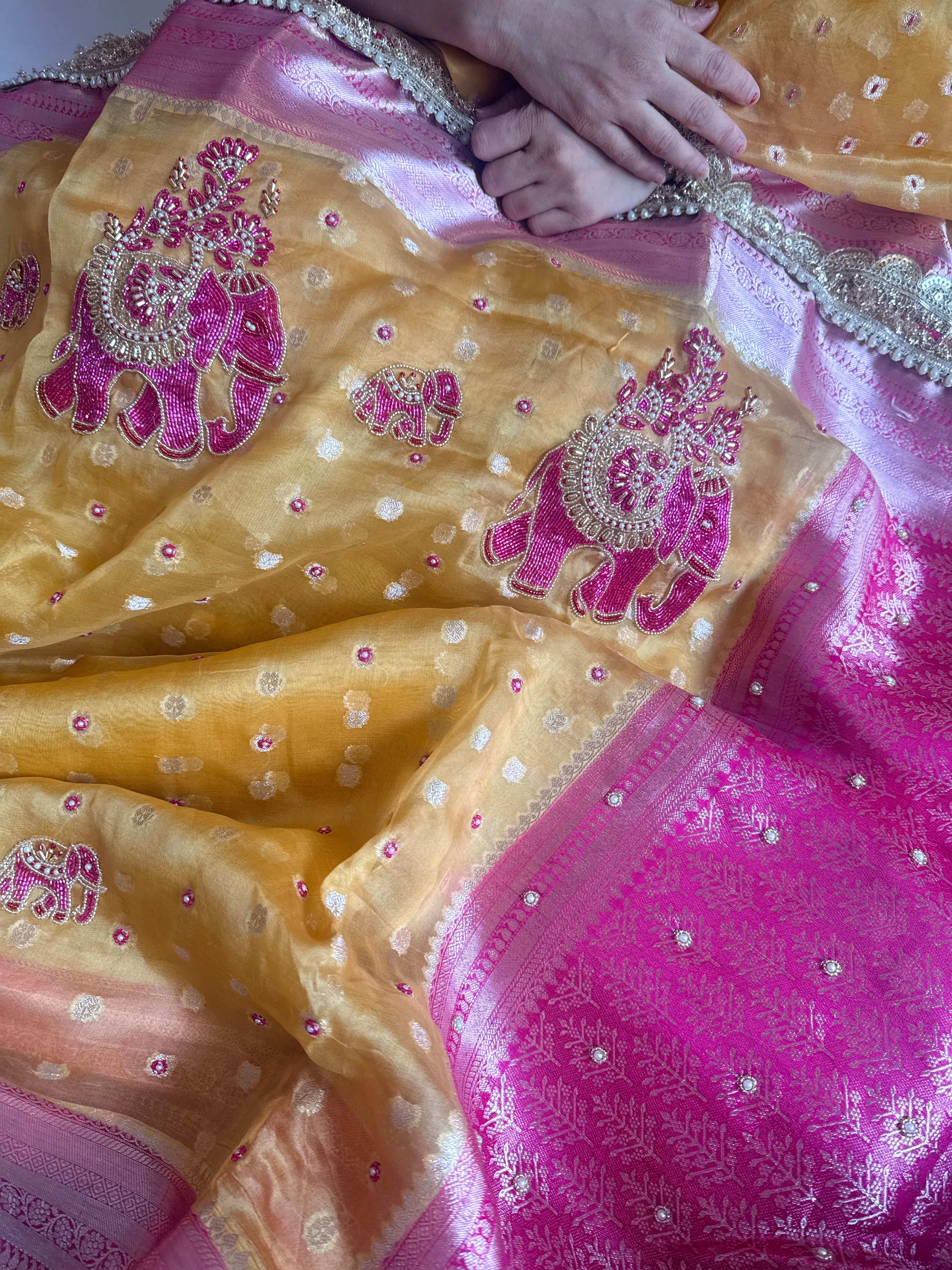 Gulabi meenakari hathi haldi yellow kora silk kadhwa buti hand embroidered saree