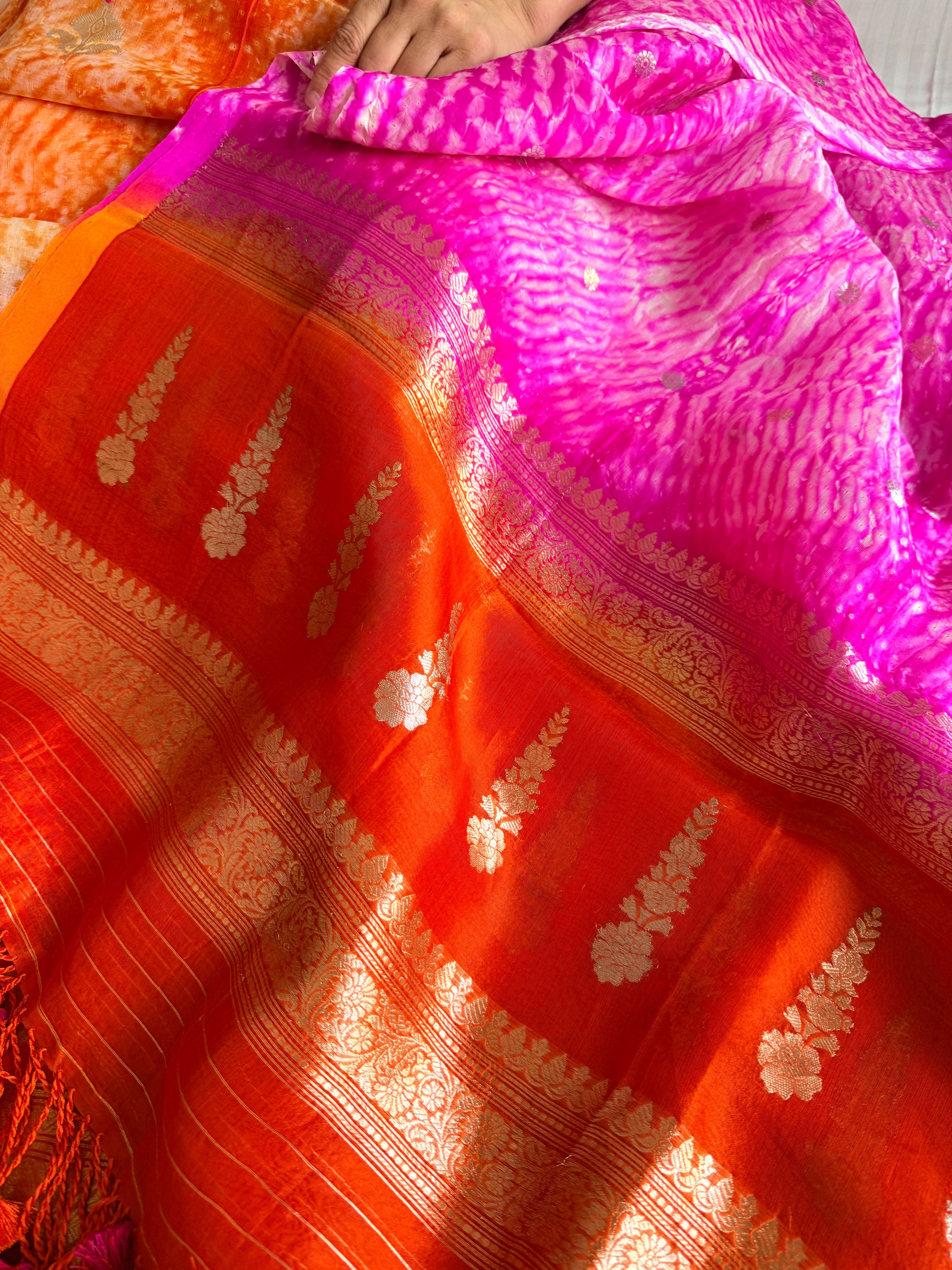 Shibori dye banarasi kora silk rani-orange kadhwa buti suit set