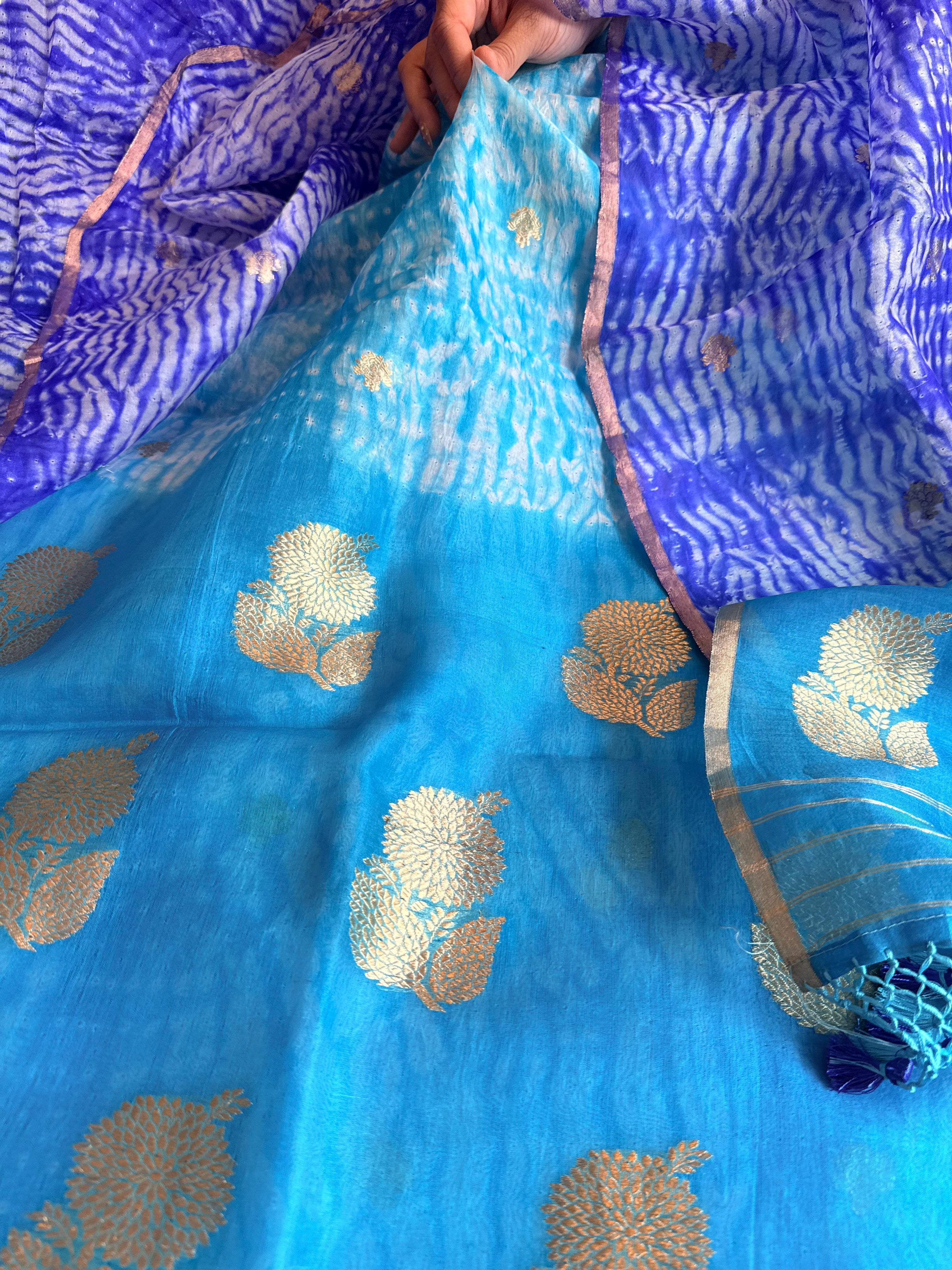 Banarasi kora silk shibori dyed kadhwa buti meenakari suit set