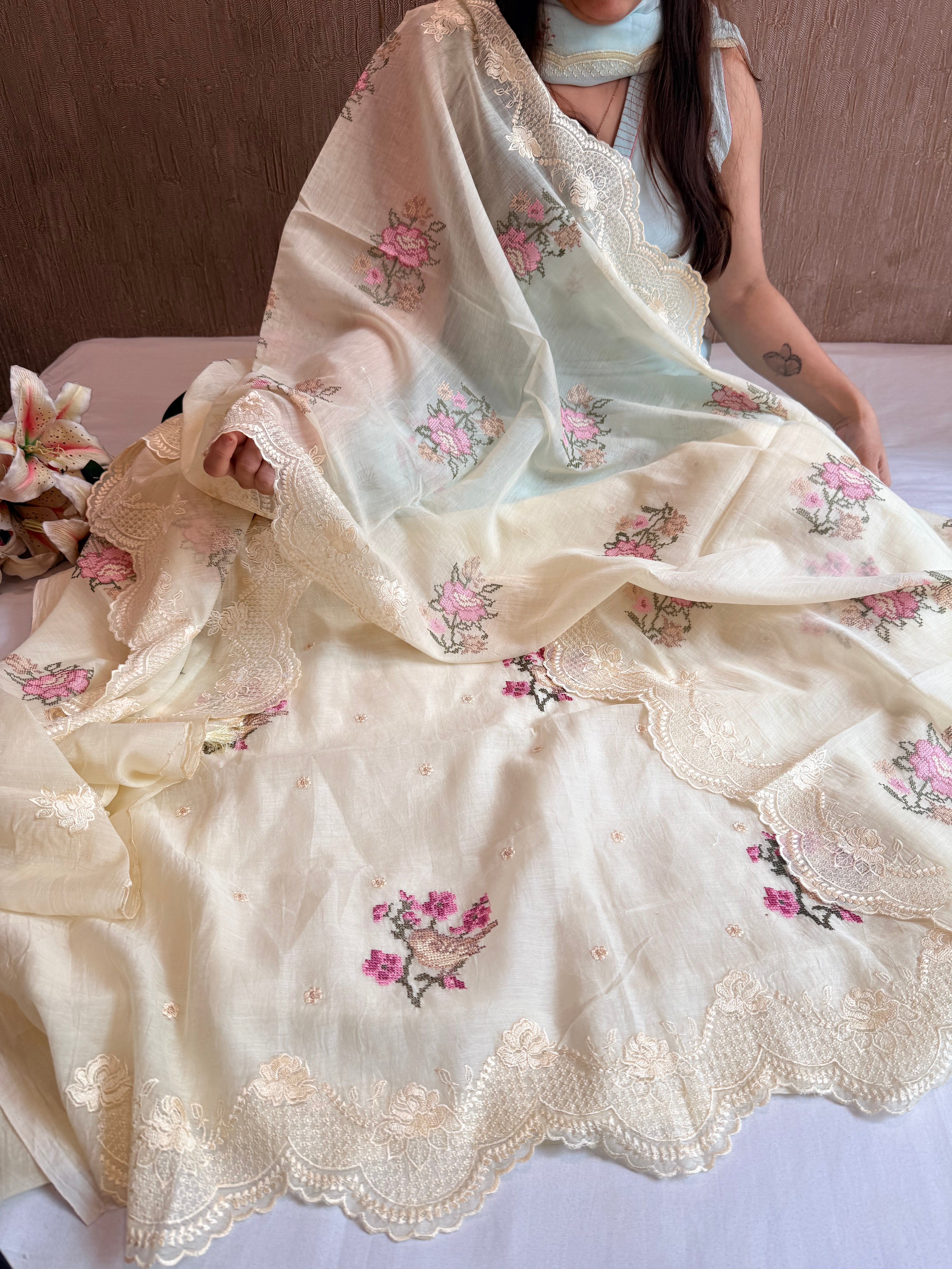 Blush lemon cross-stitch hand embroidered resham work suit set