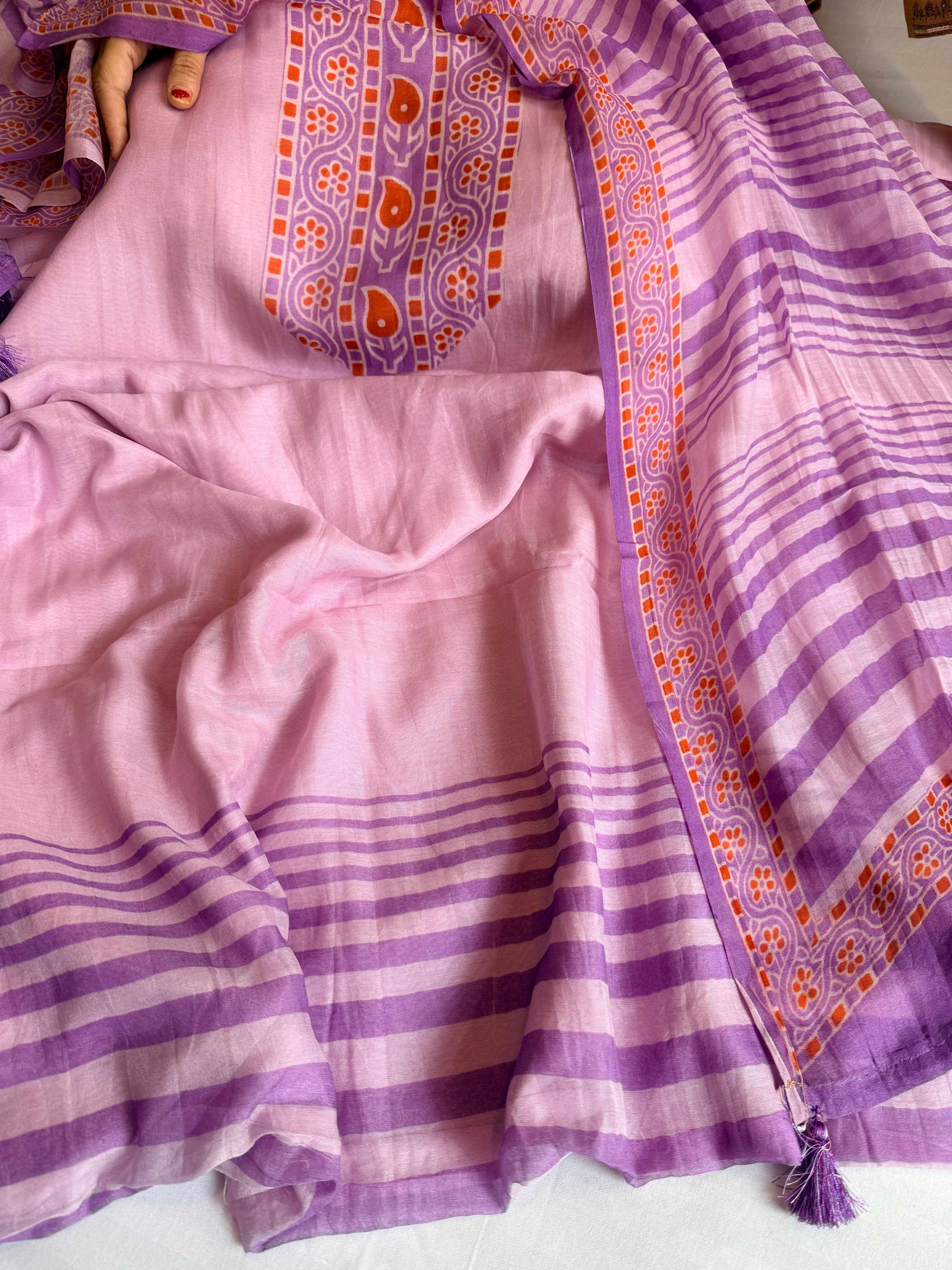 Lilac mul cotton printed kadhwa weaving suit set