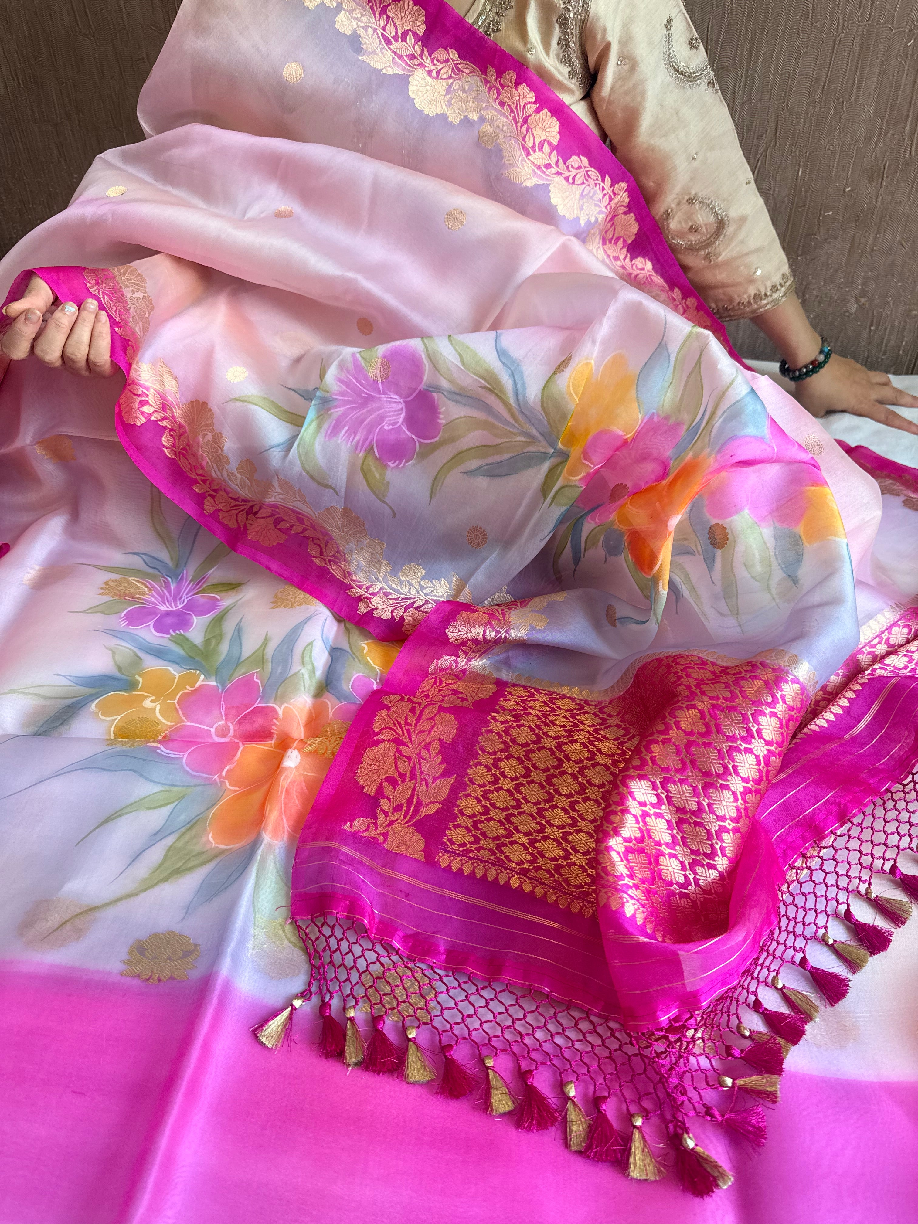 Rainbow dyed kora silk handpainted brush dyed banarasi suit sets