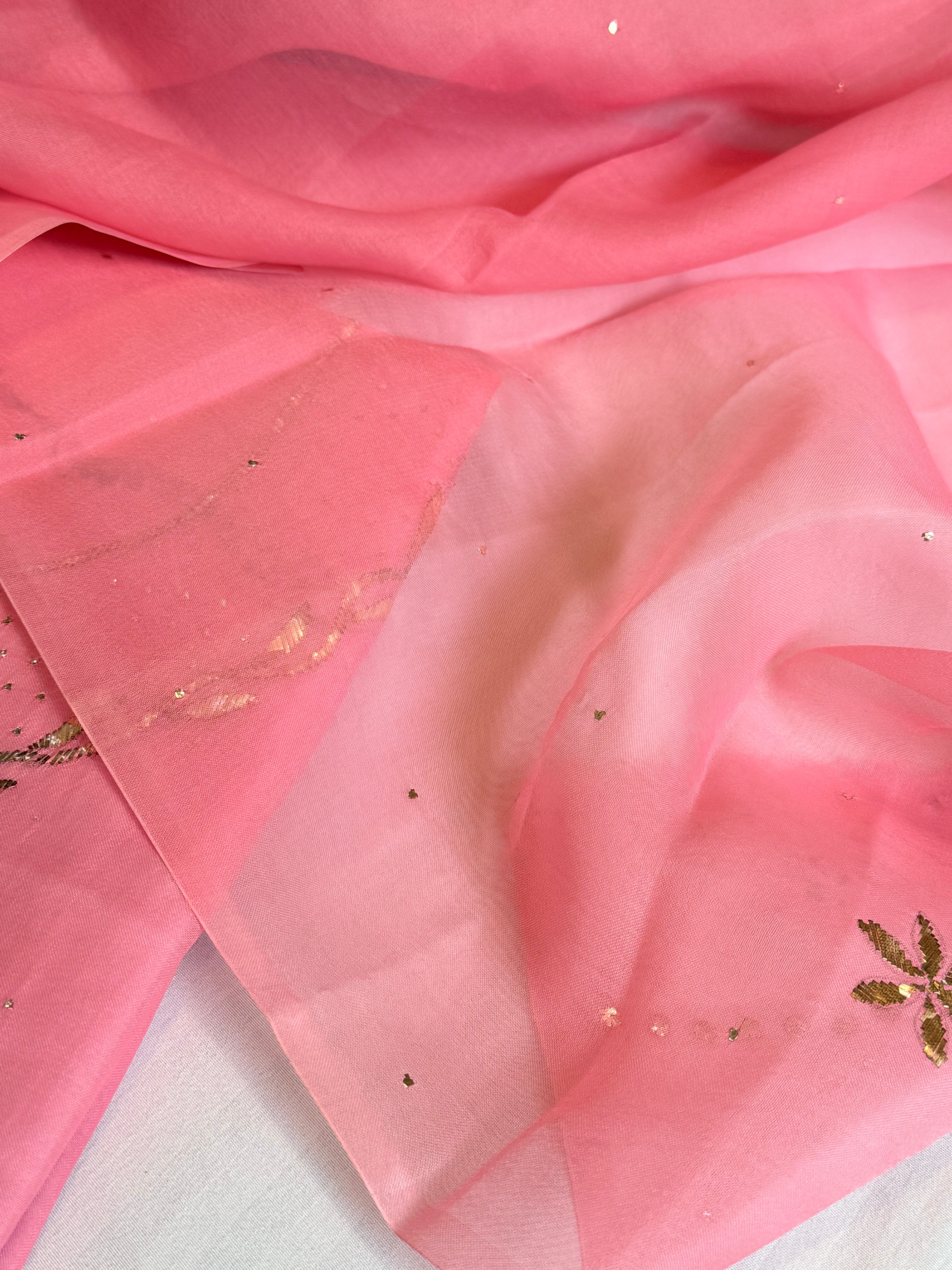 Banarasi peach 60gm kora silk mukaish work hand embroidered suit set