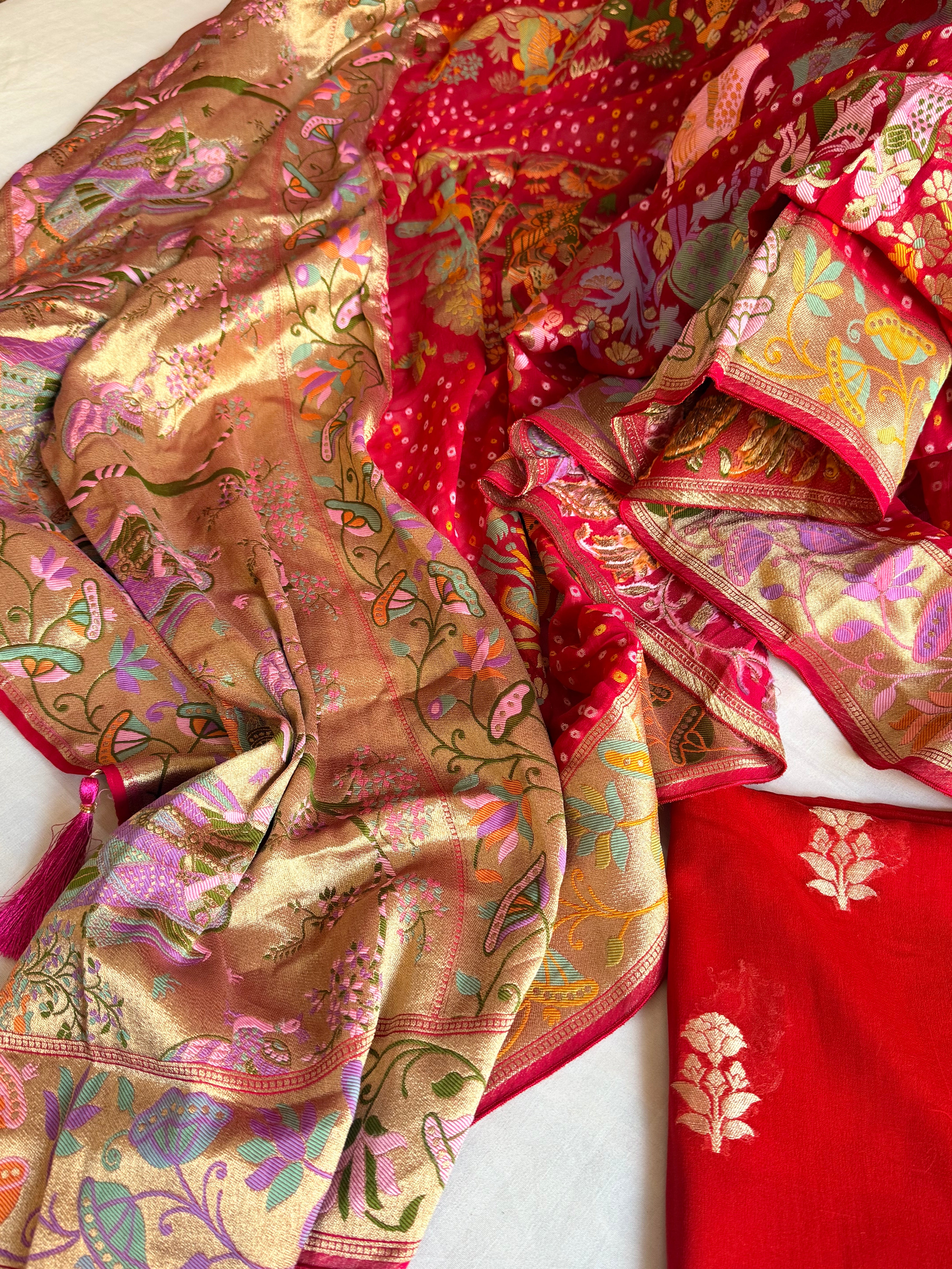 Banarasi rai bandhej radha krishna weaving gorgette kadhwa suit set