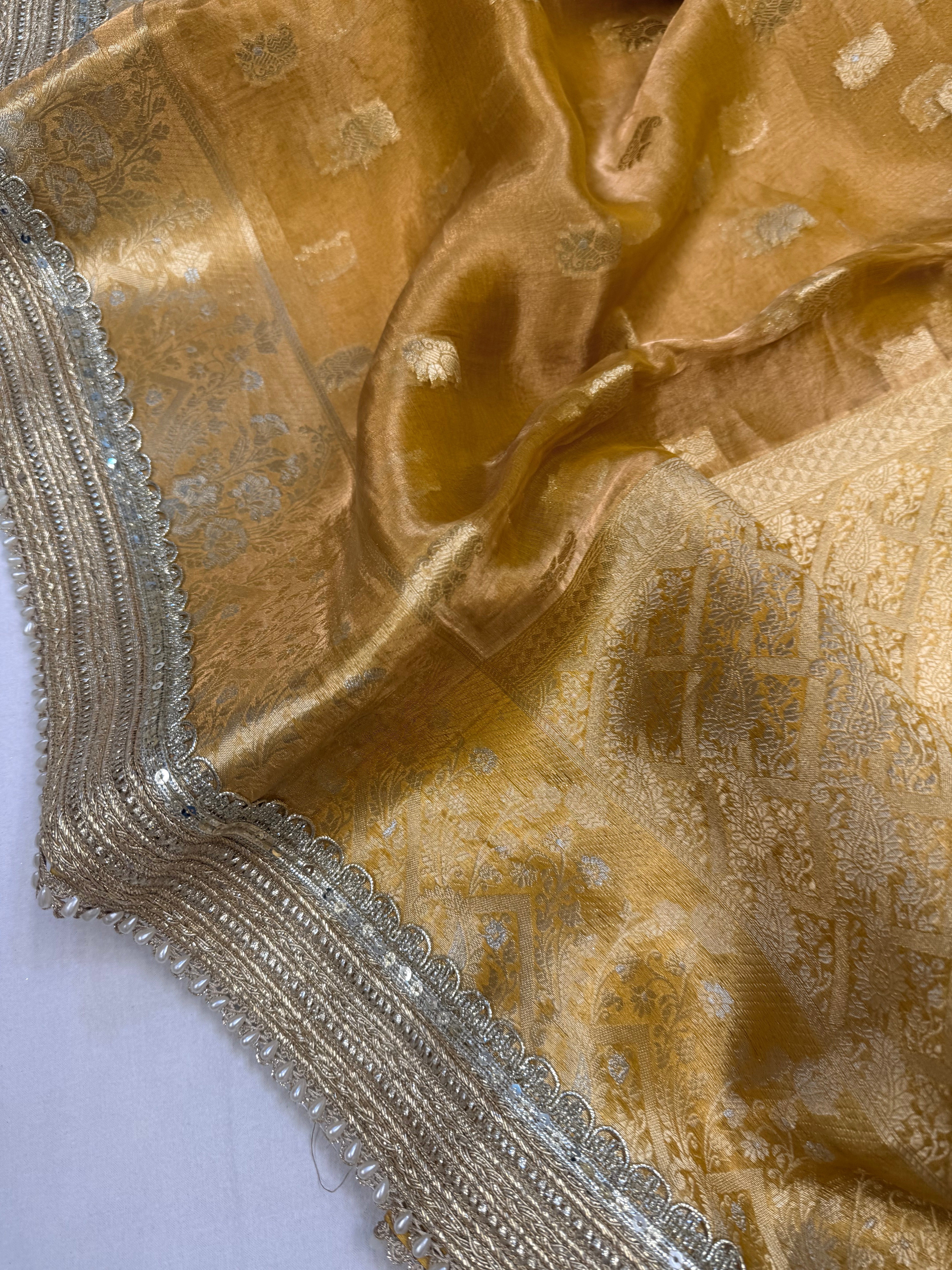 Haldi gold tissue silk kadhwa buti gotapatti saree
