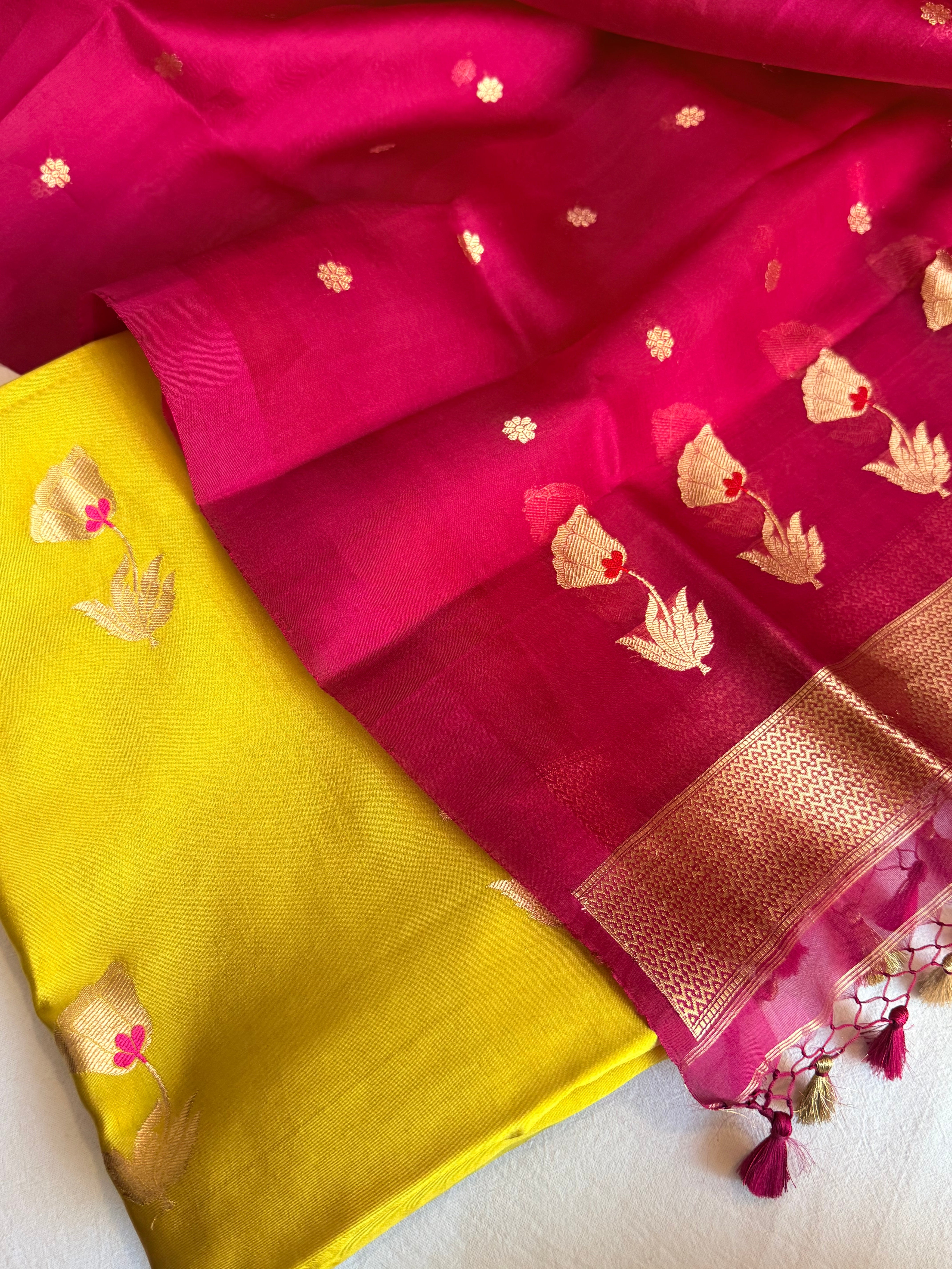 Rose buta spun chiniya silk kadhwa buti suit set