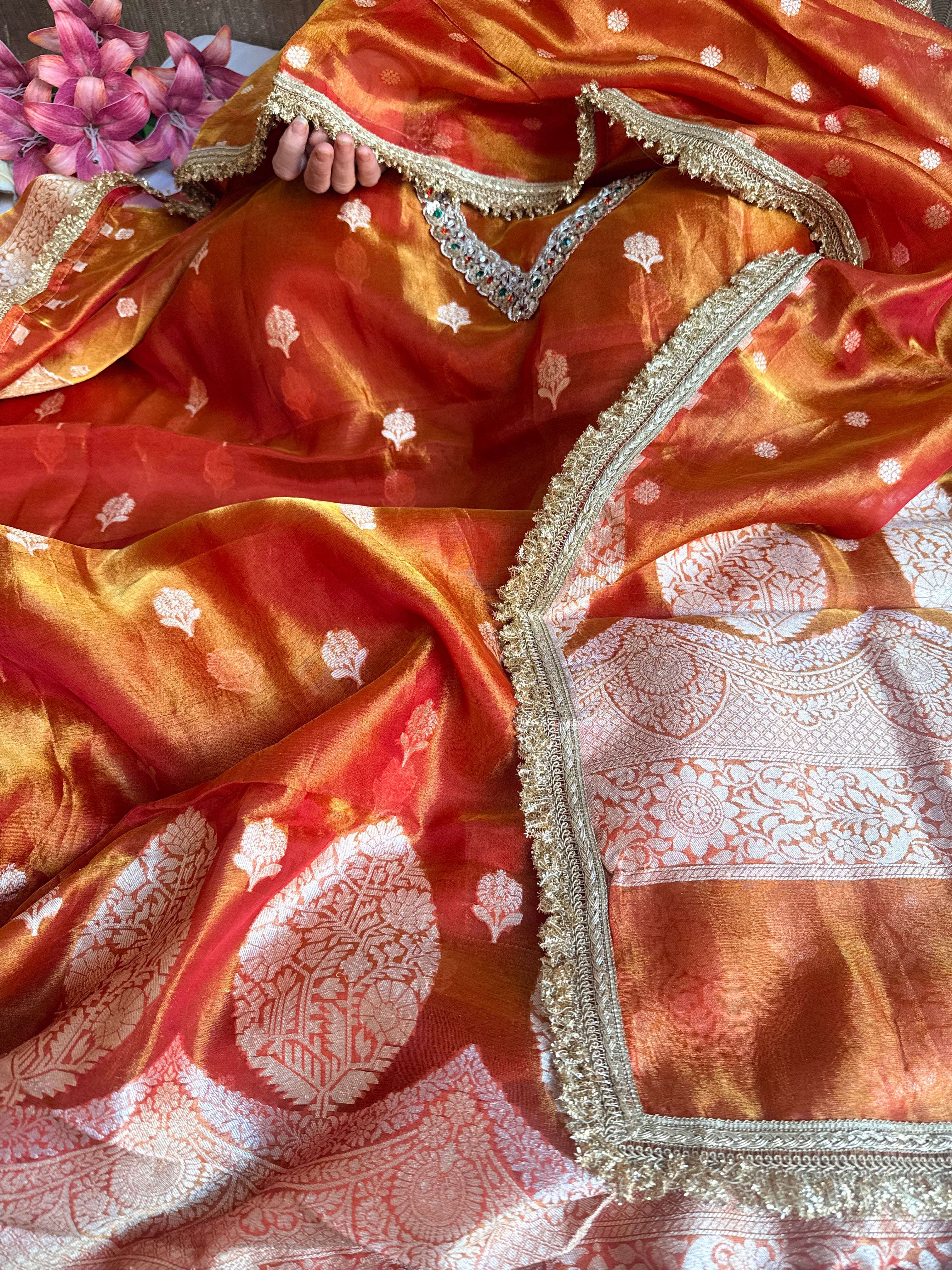 Navratna fanta orange tissue silk kadhwa buti hand embroidered suit sets
