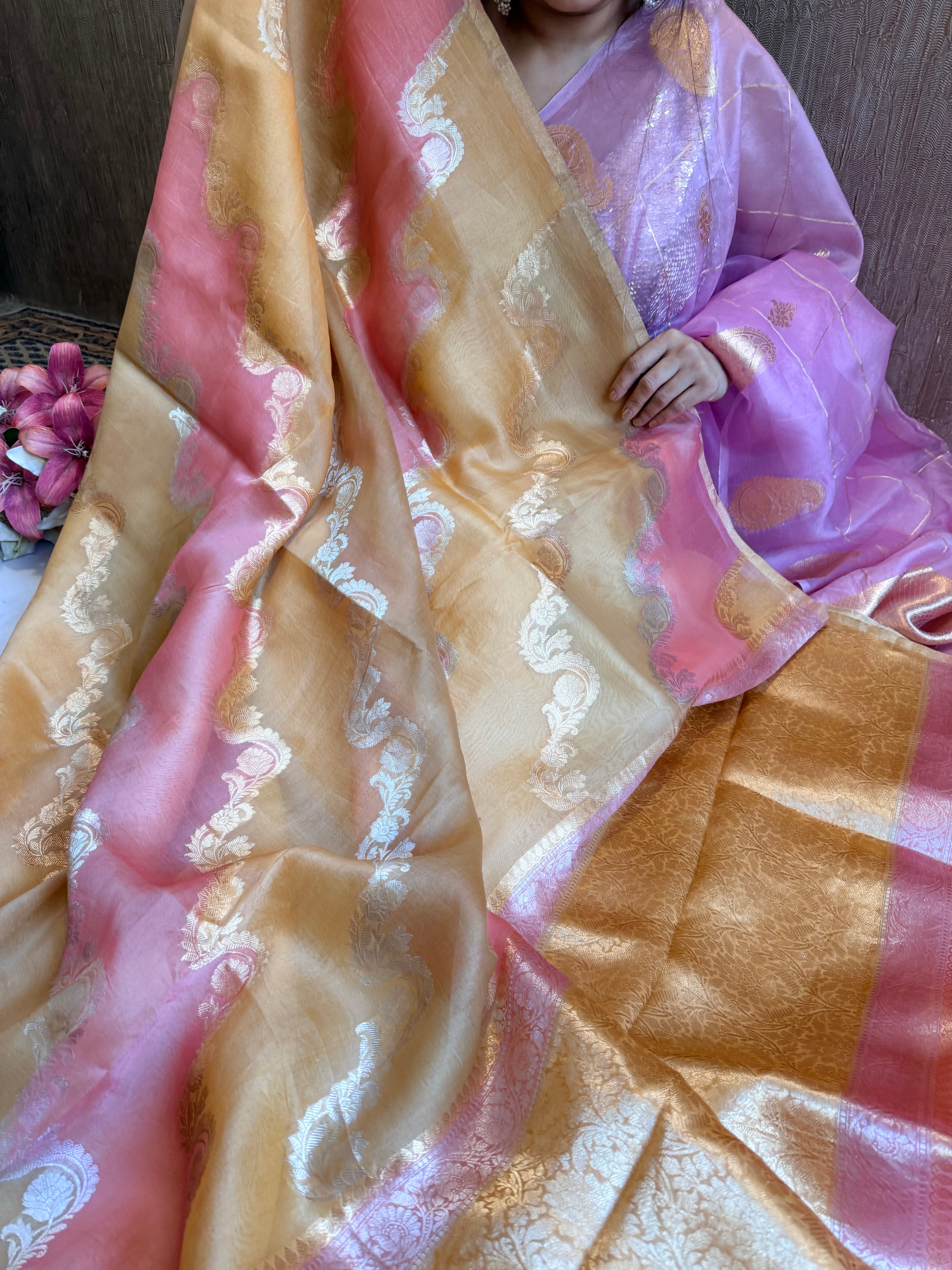 Rangkaat dyed rainbow dyed kora silk kadhwa sona rupa handloom saree