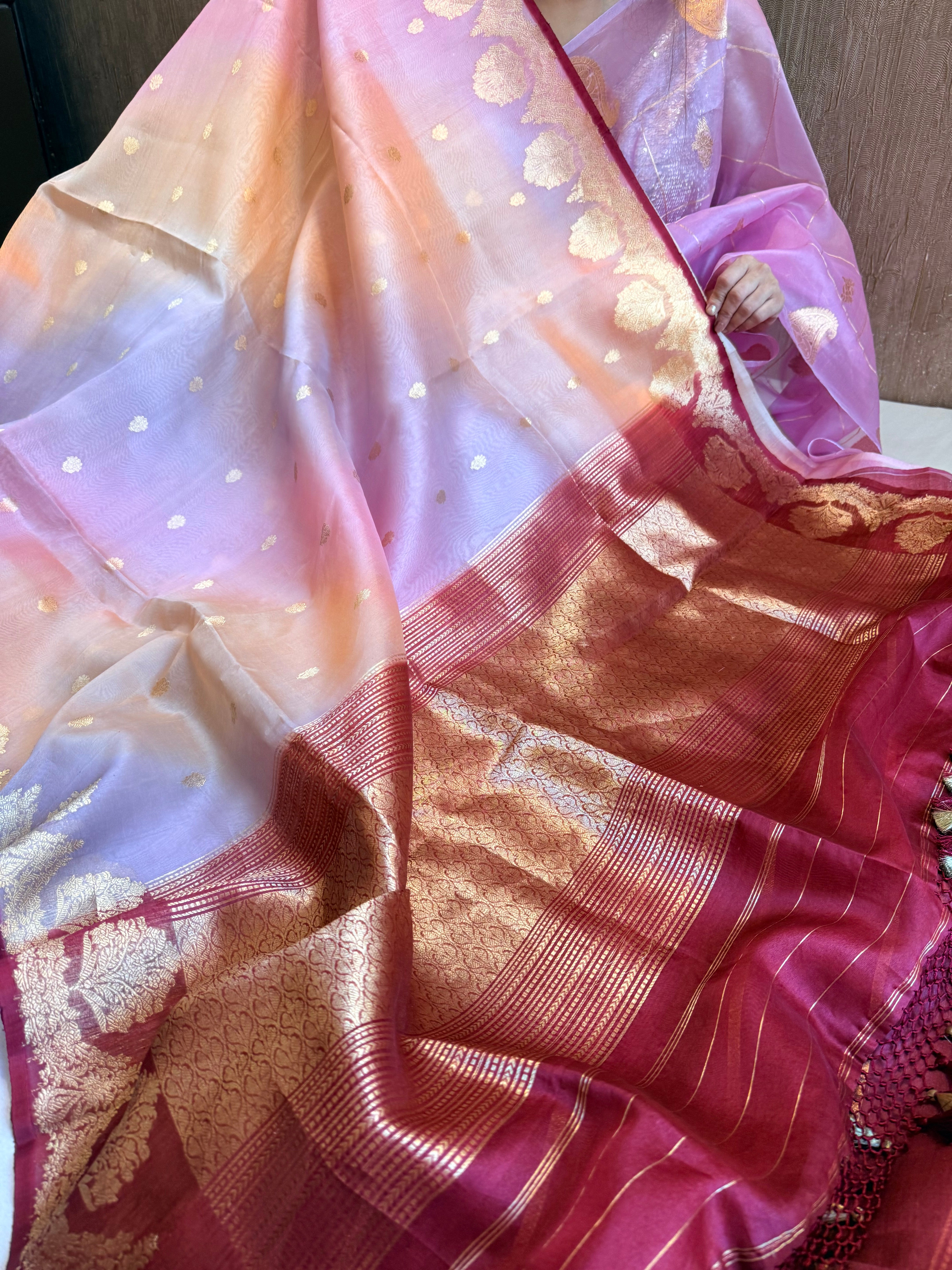 Kora silk shaded rainbow dyed kadhwa handloom saree