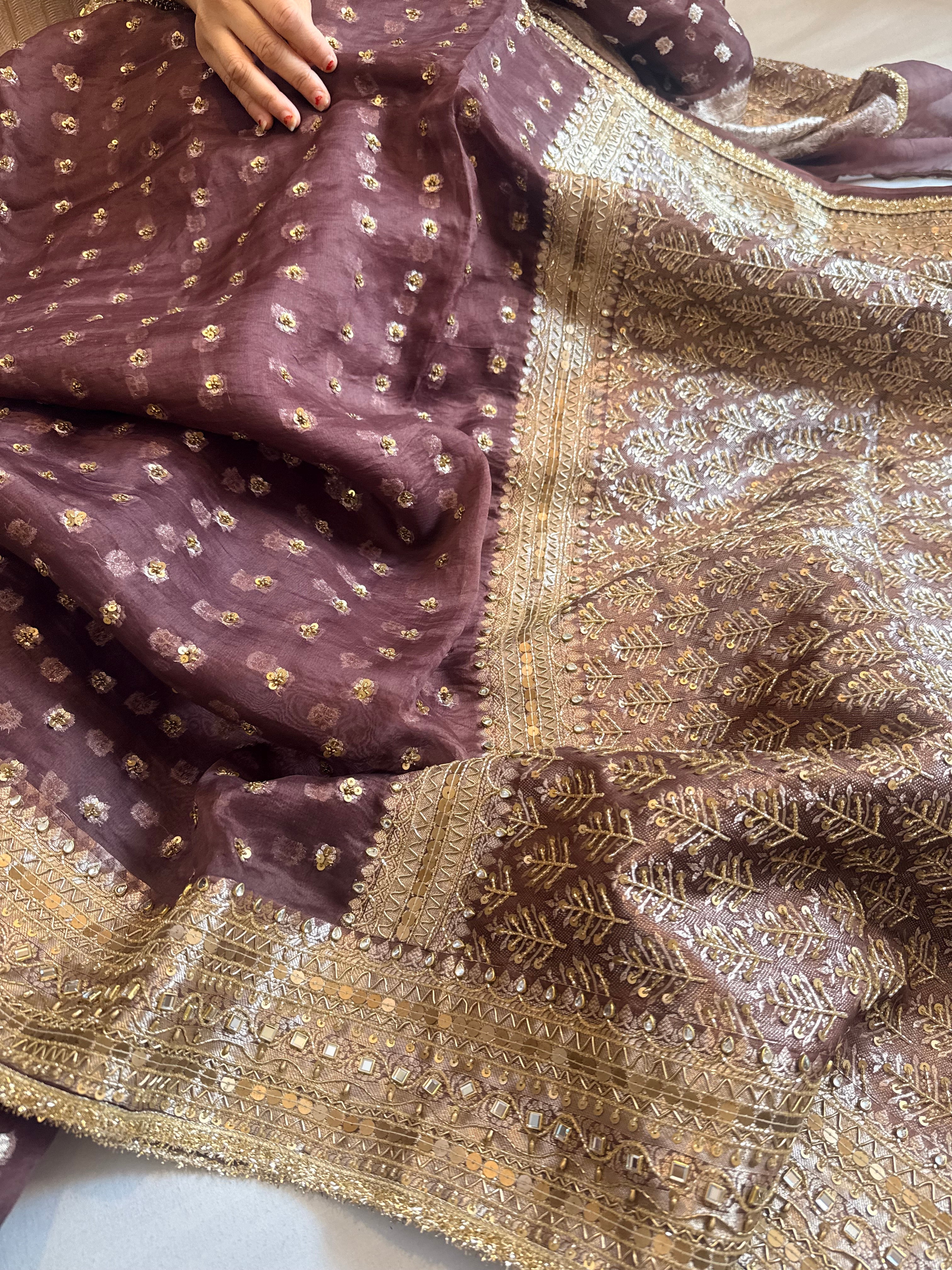 Coffee brown kora silk bollywood inspired antique work hand embroidered saree ( Blouse unstitched)