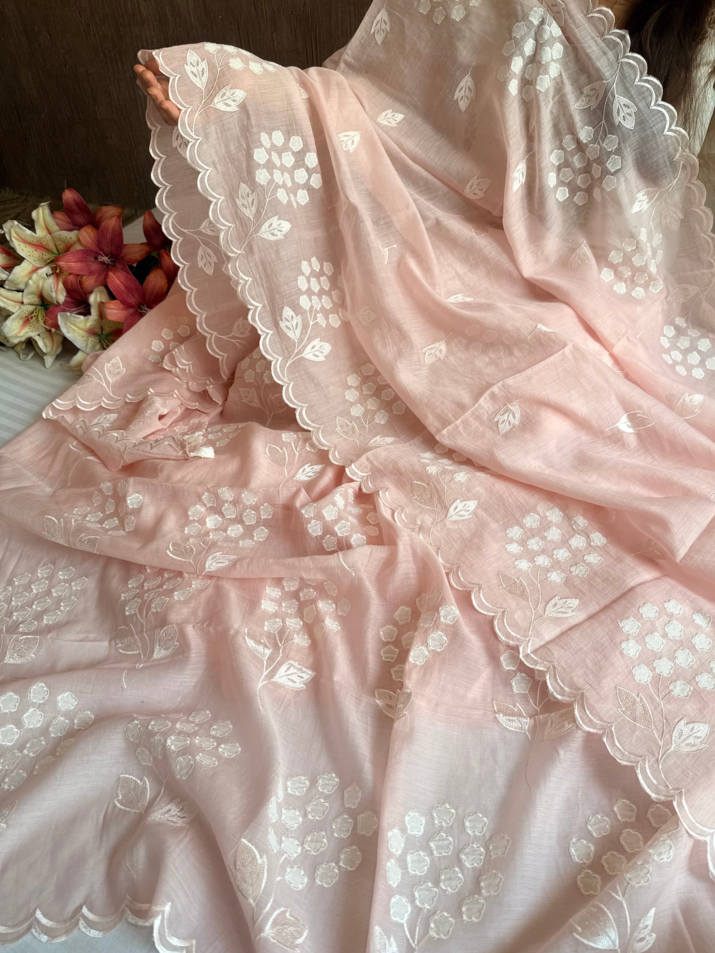 Alia bhatt inspired blush peachy pink mulmul appliqué work suit set