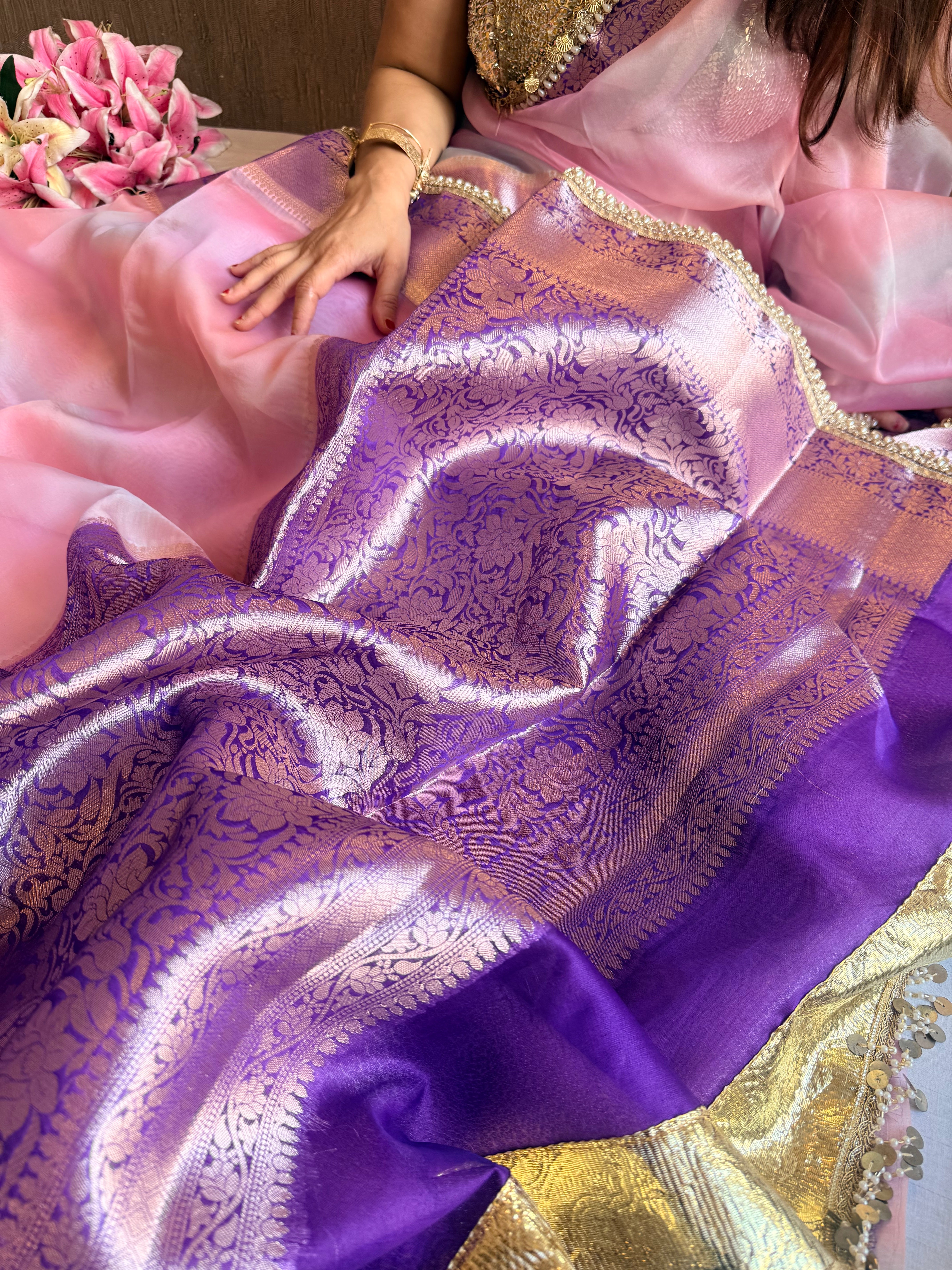 Banarasi kora silk rainbow dyed kadhwa saree with gotapatti work