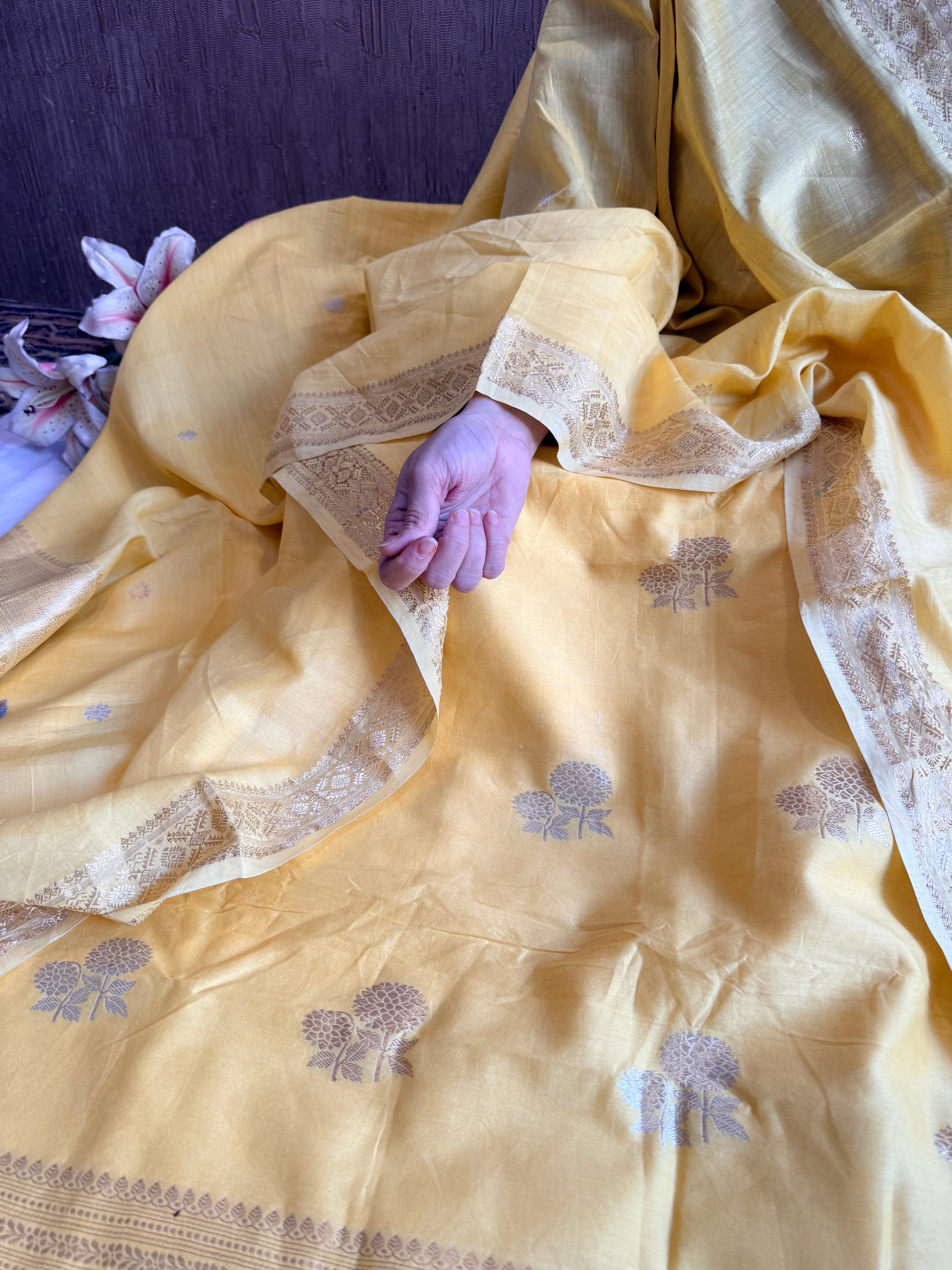 Mul cotton banarasi kadhwa buti butter yellow suit set