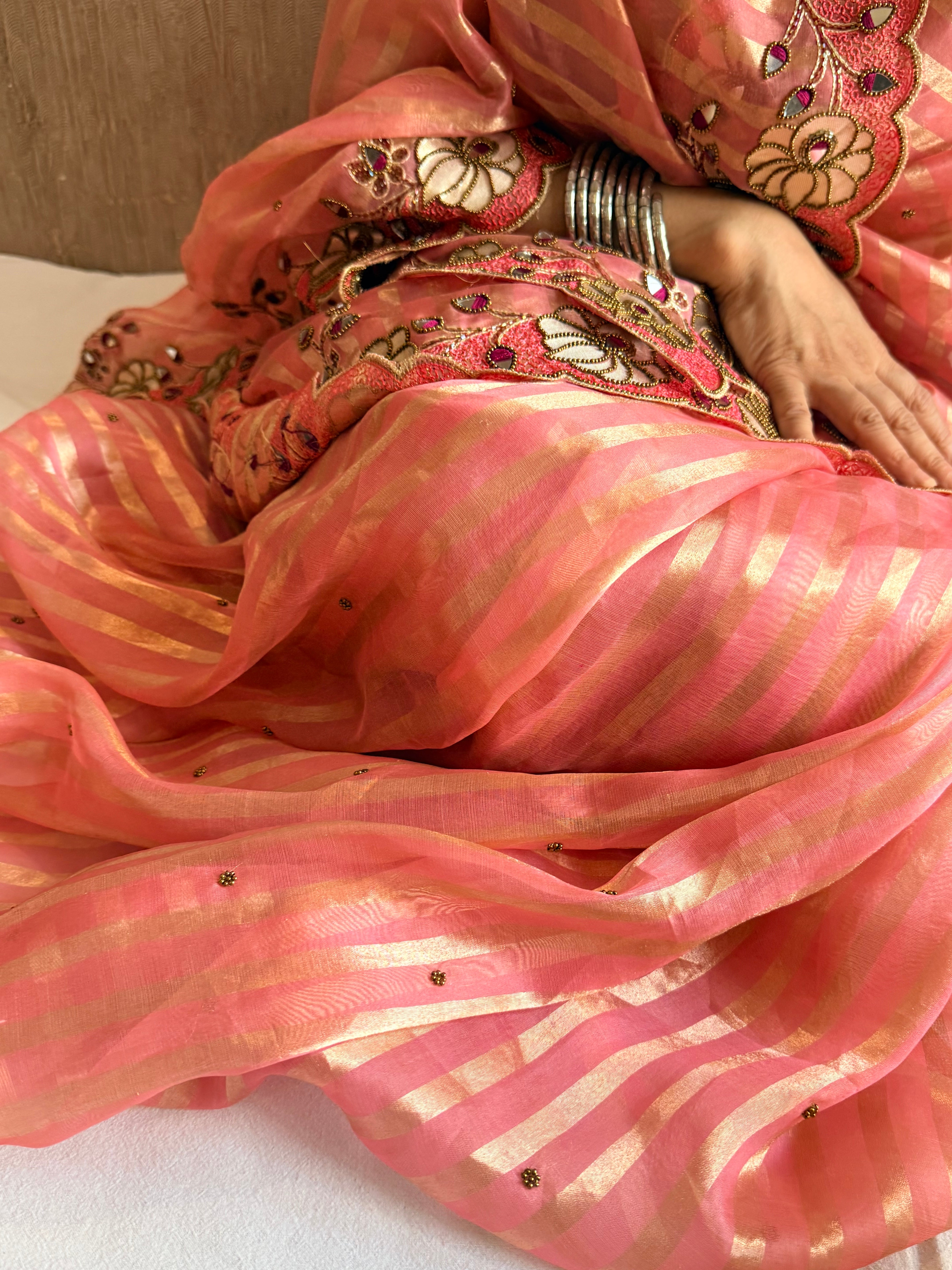 Phool wali rangeen tissue silk striped rangkaat hand embroidered saree
