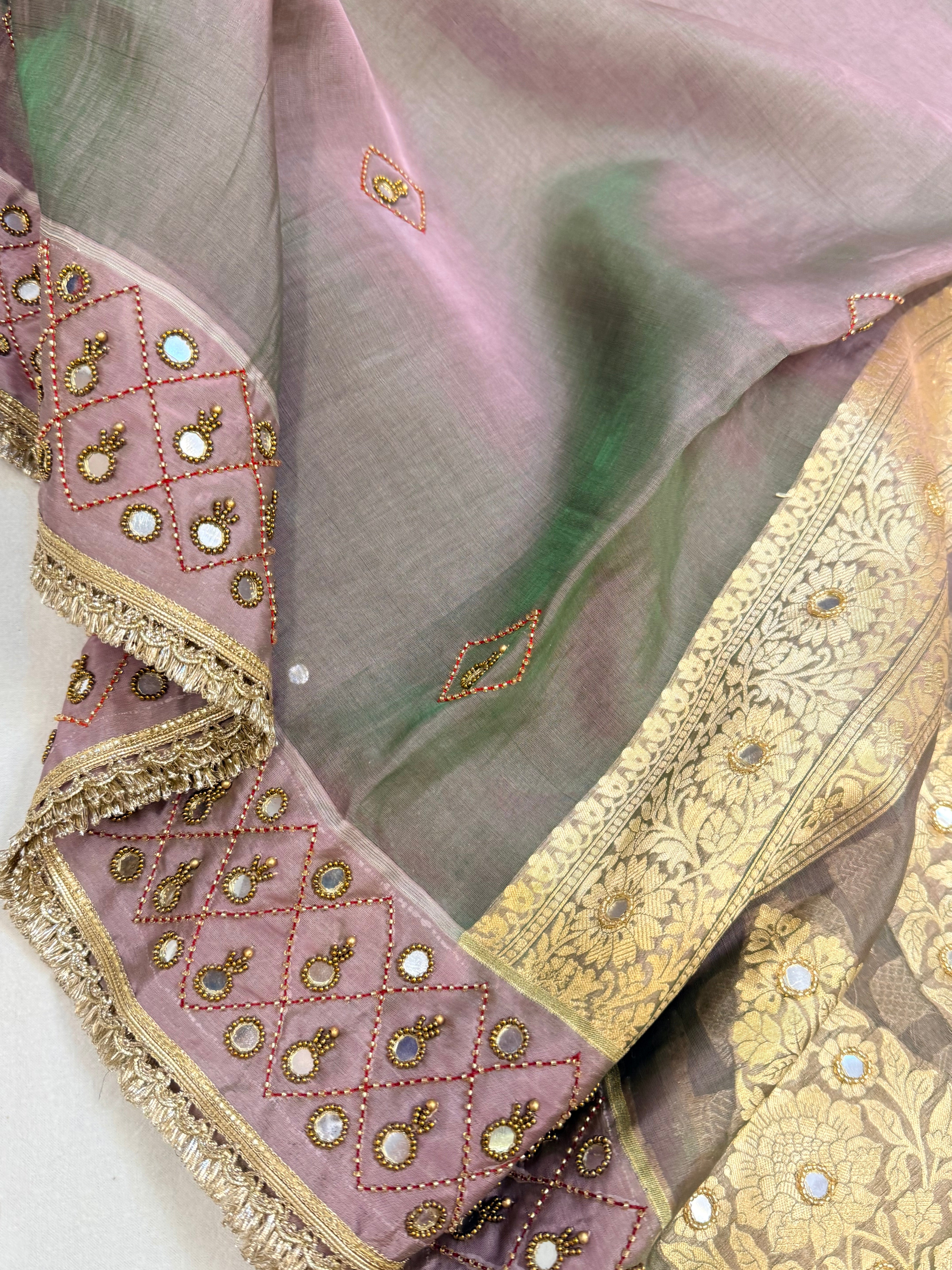 Moonlight purple tissue silk hand embroidered kadhwa saree
