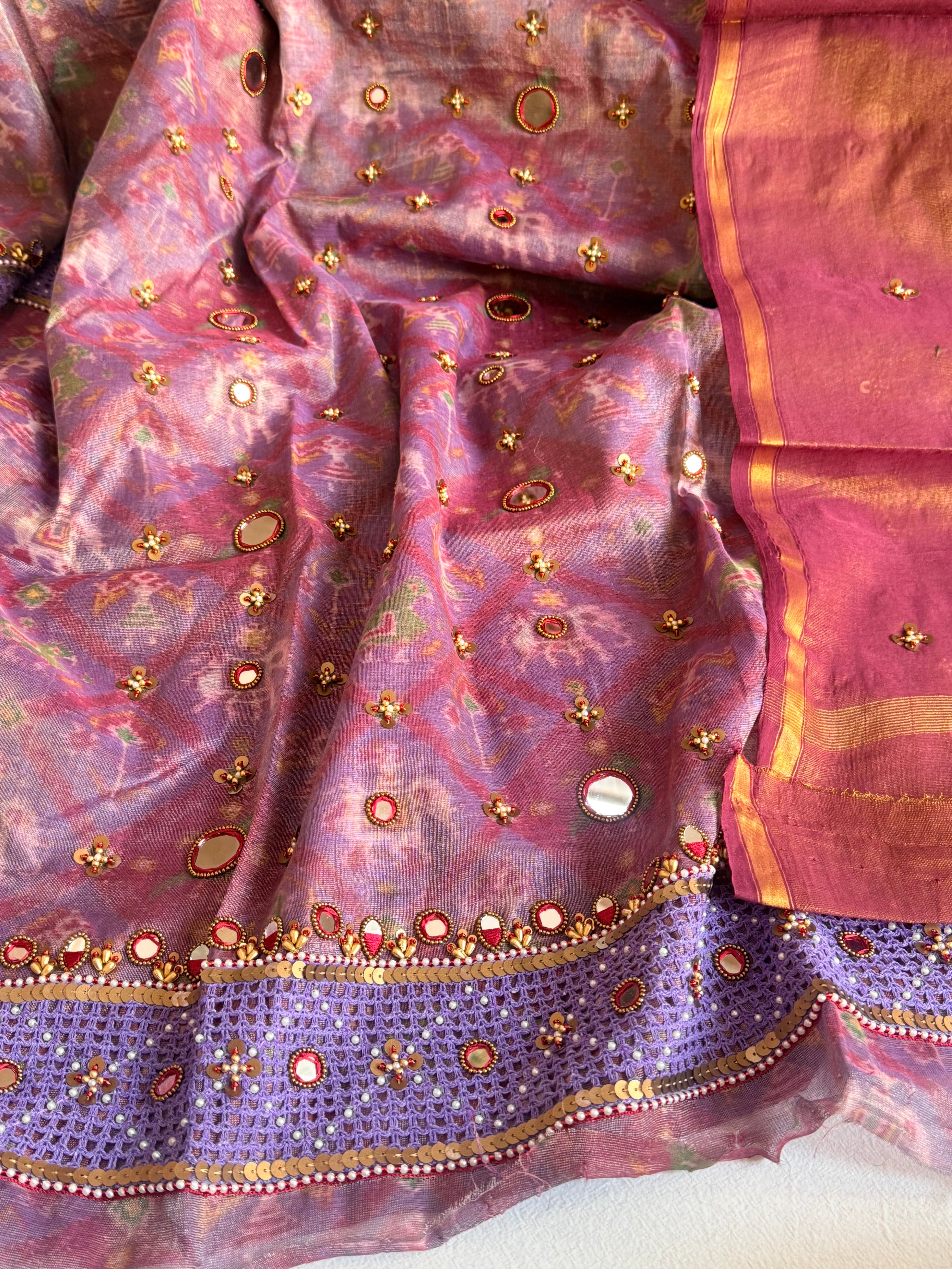 Patola weaving hand embroidered mul cotton tissue suit sets