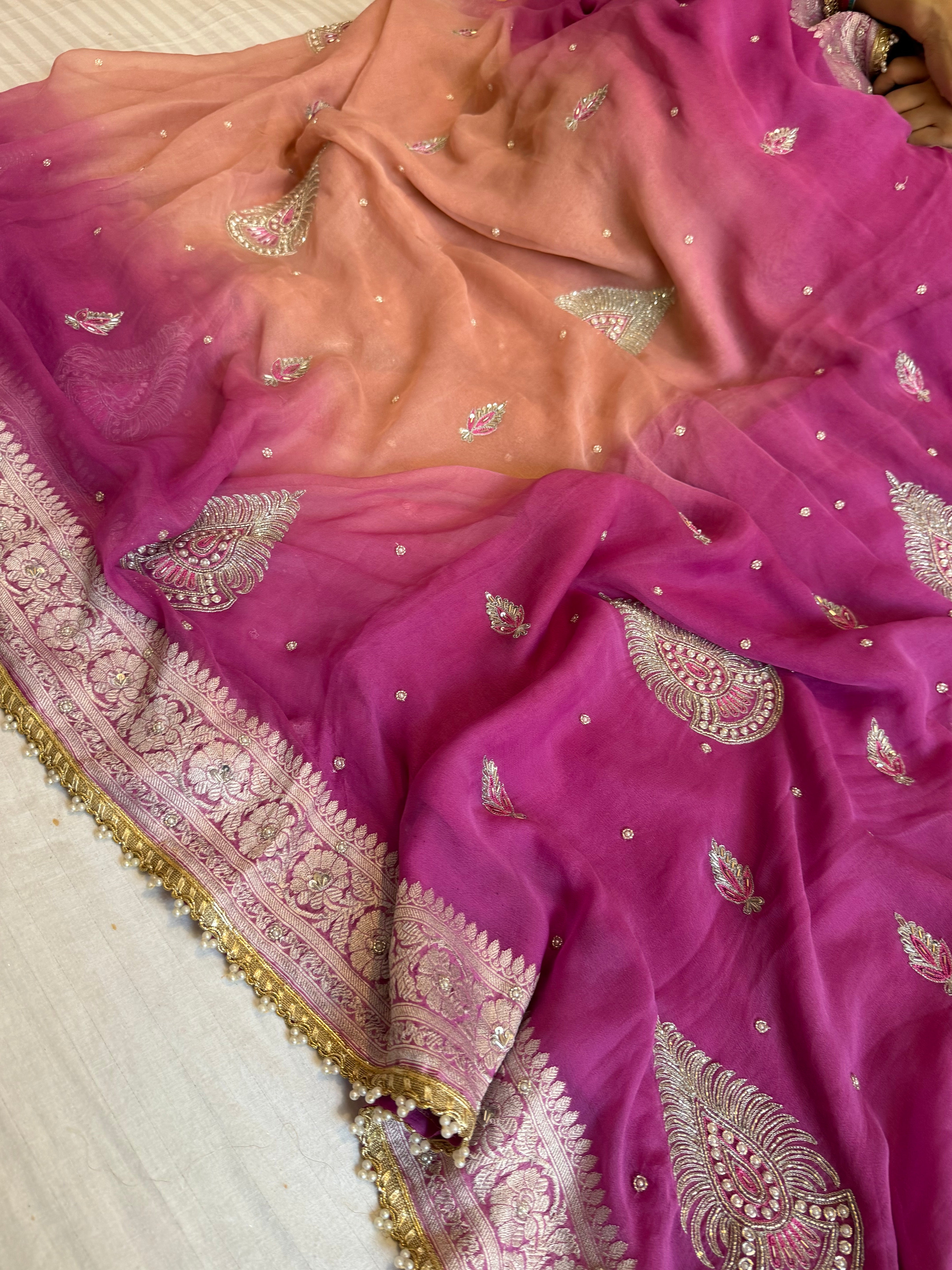 Paro banarasi chiffon gorgette hand embroidered kadhwa saree