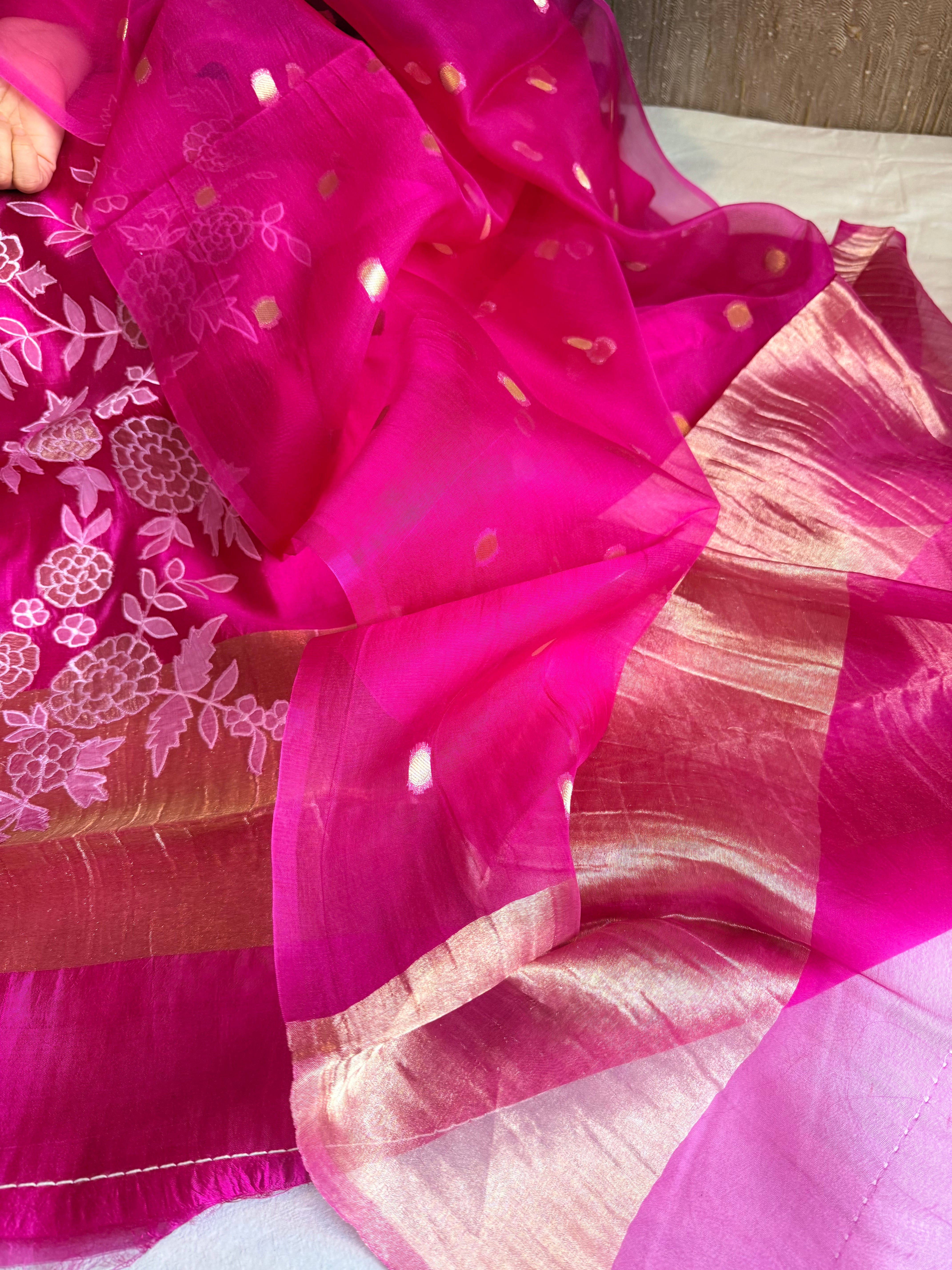 Mango tissue silk appliqué work suit set with kora tissue duppata