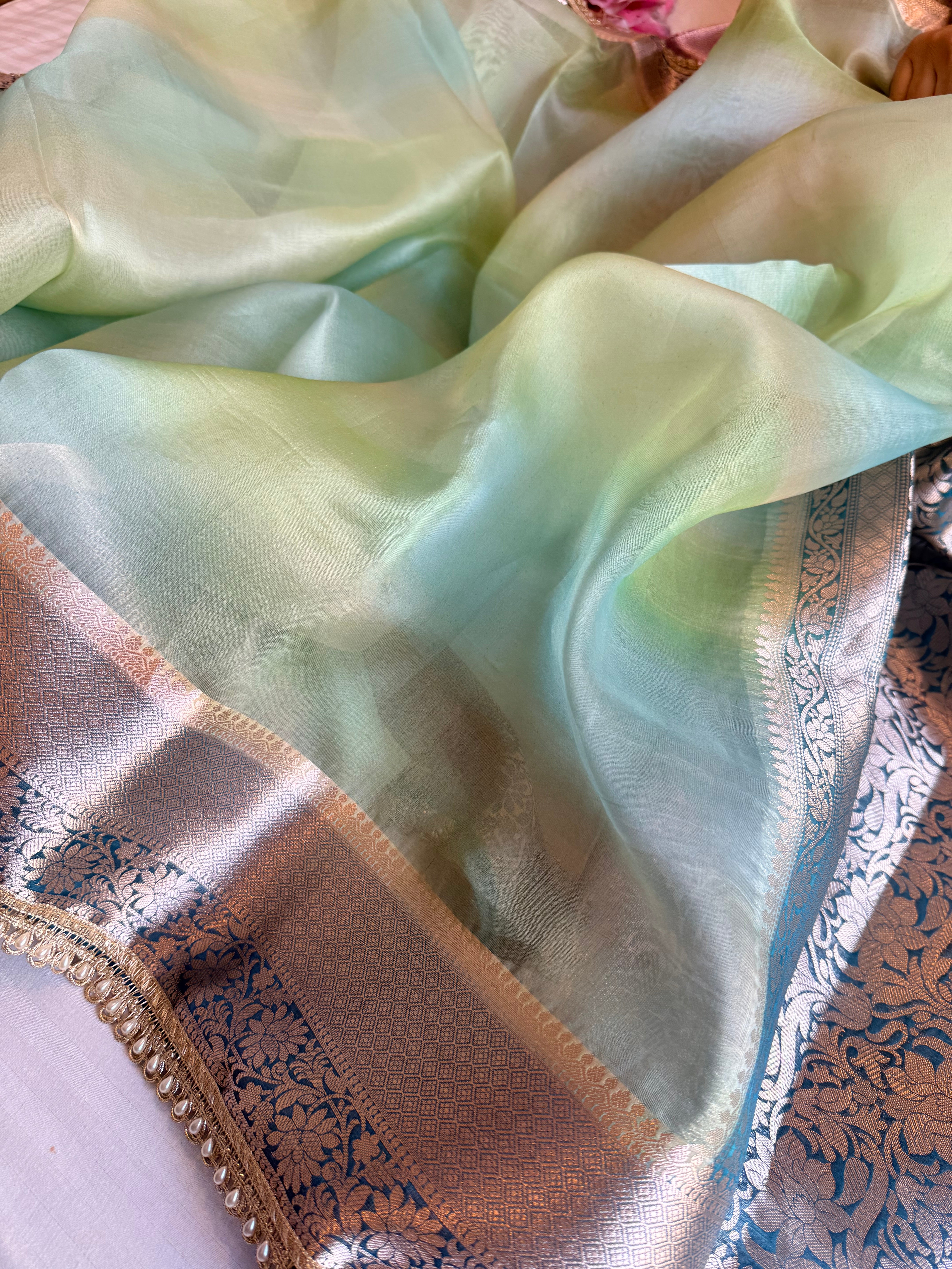 Banarasi kora silk rainbow dyed kadhwa saree with gotapatti work