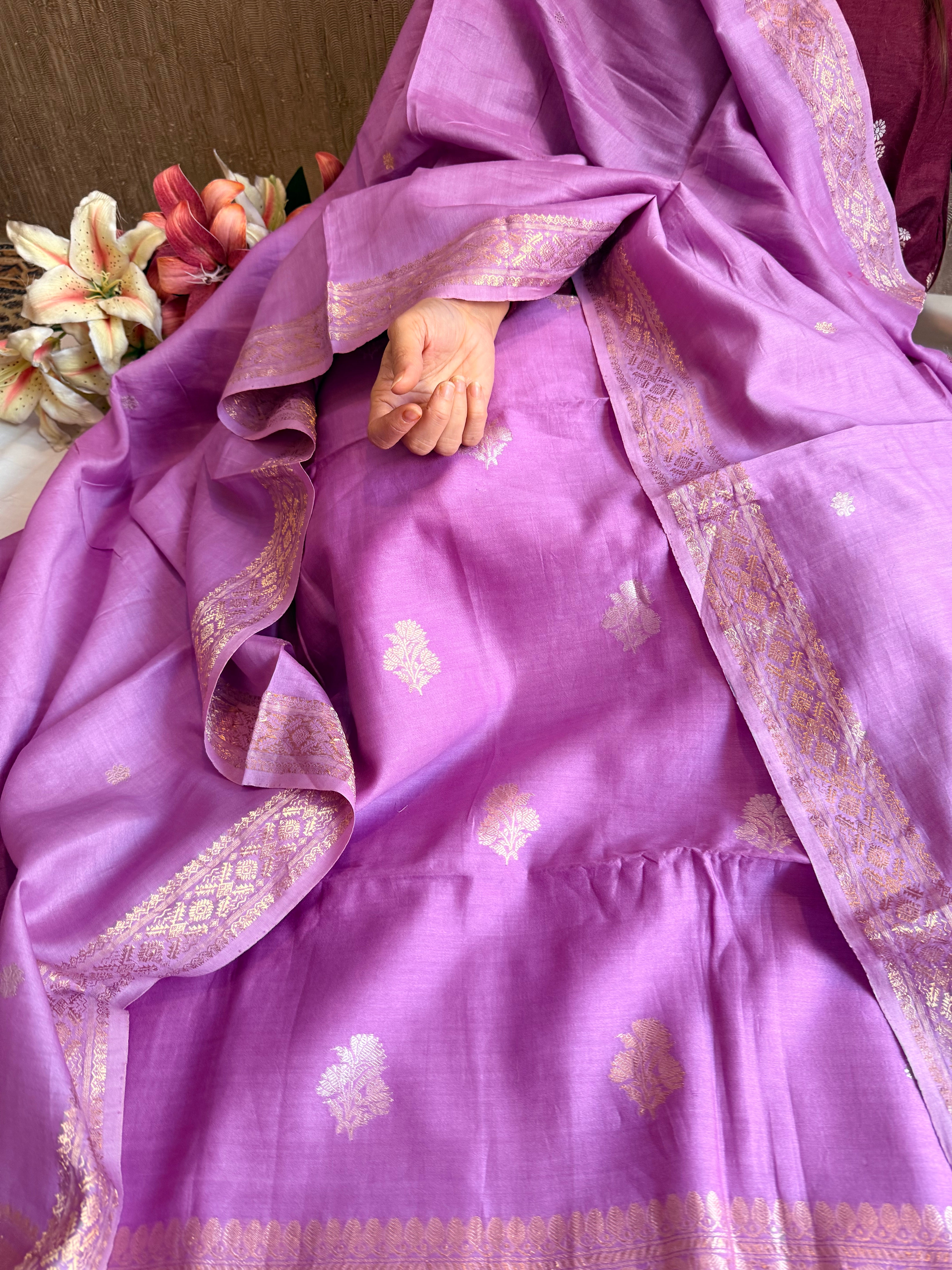 Mul cotton banarasi kadhwa buti dreamy lilac suit set