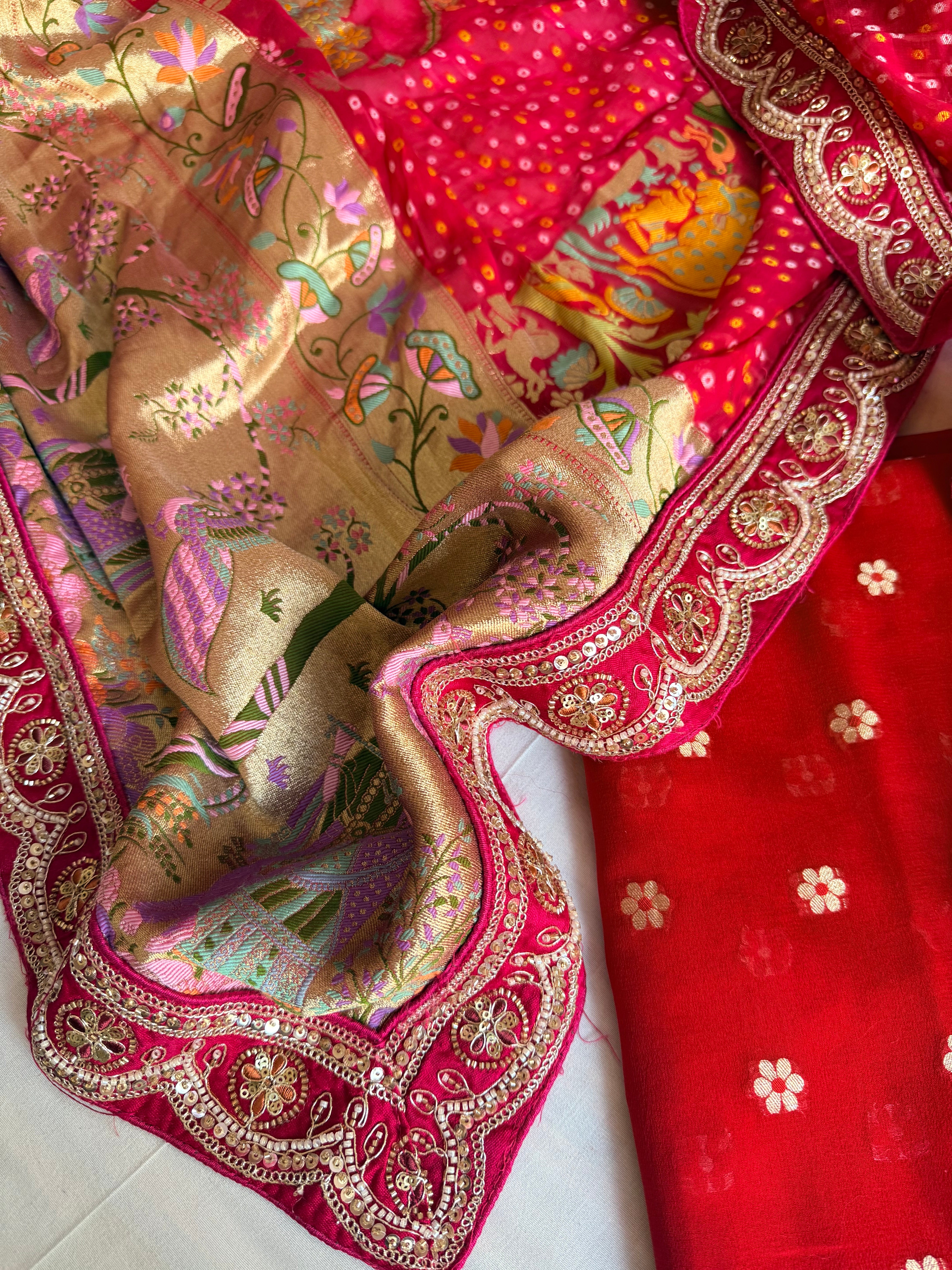 Banarasi rai bandhej radha krishna weaving gorgette kadhwa suit set