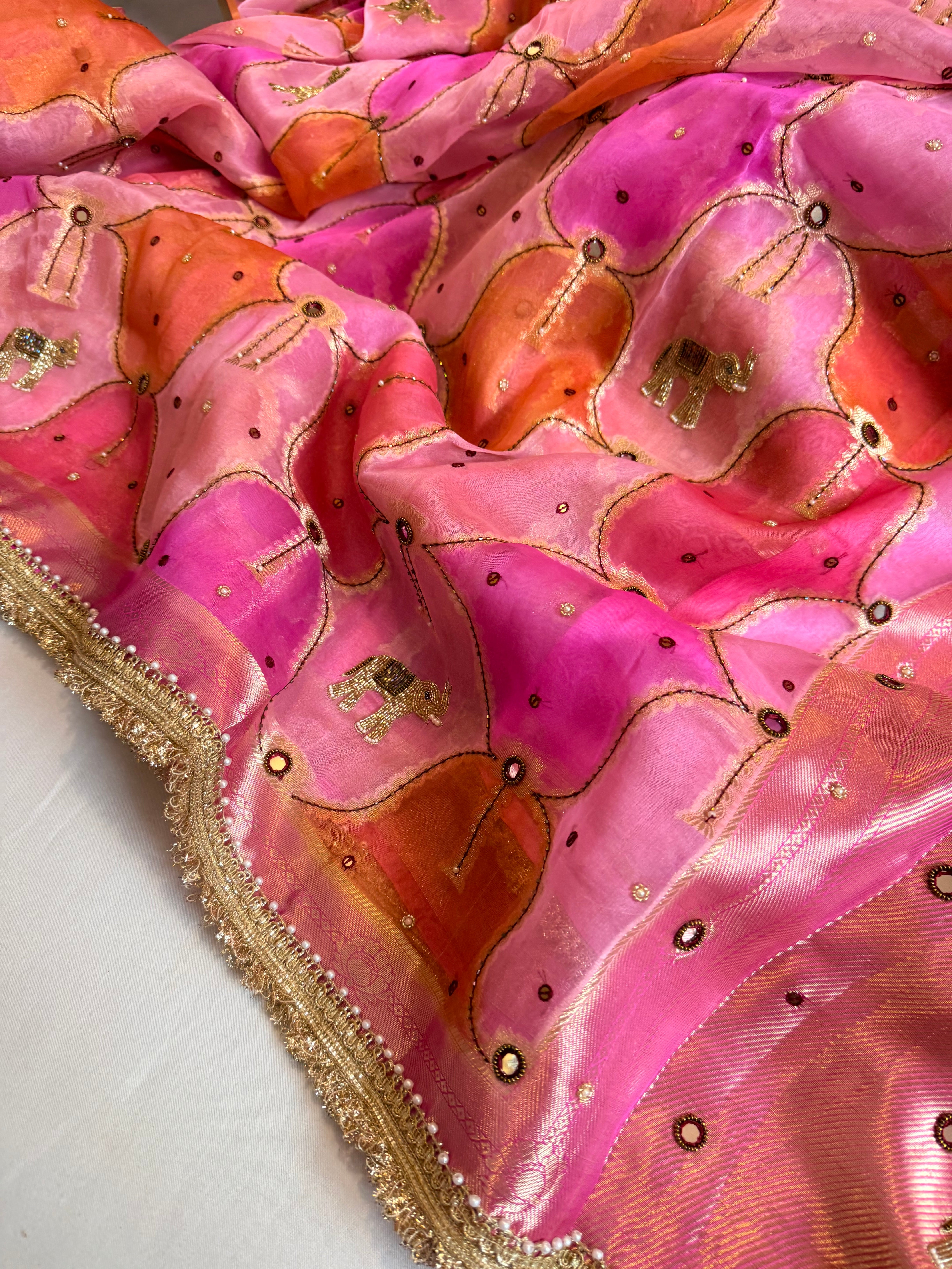 Rakhi edit - Candy pink kora silk rangkaat weaving hand embroidered saree