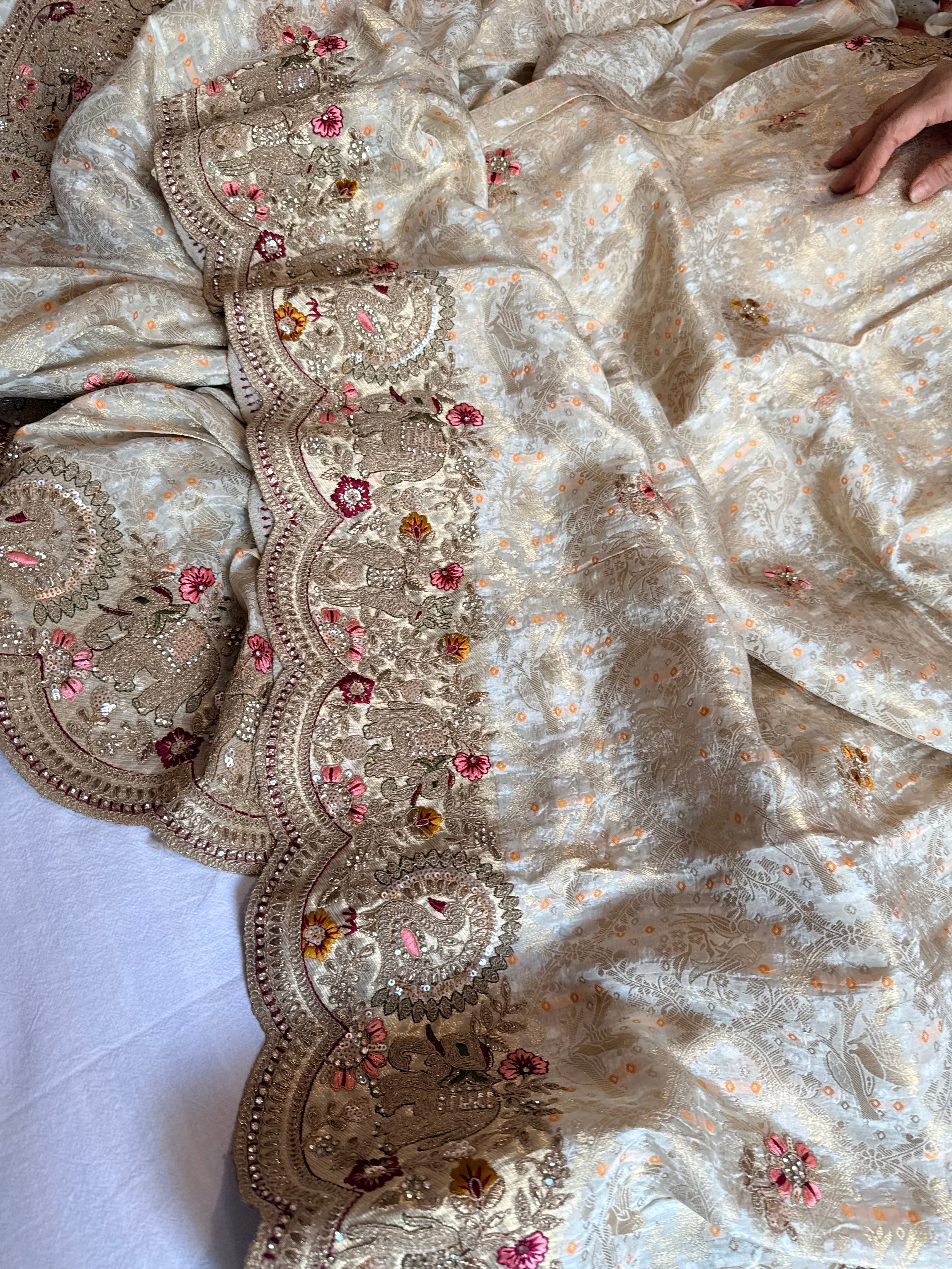Banarasi bandhej crepe tissue silk embroidered saree