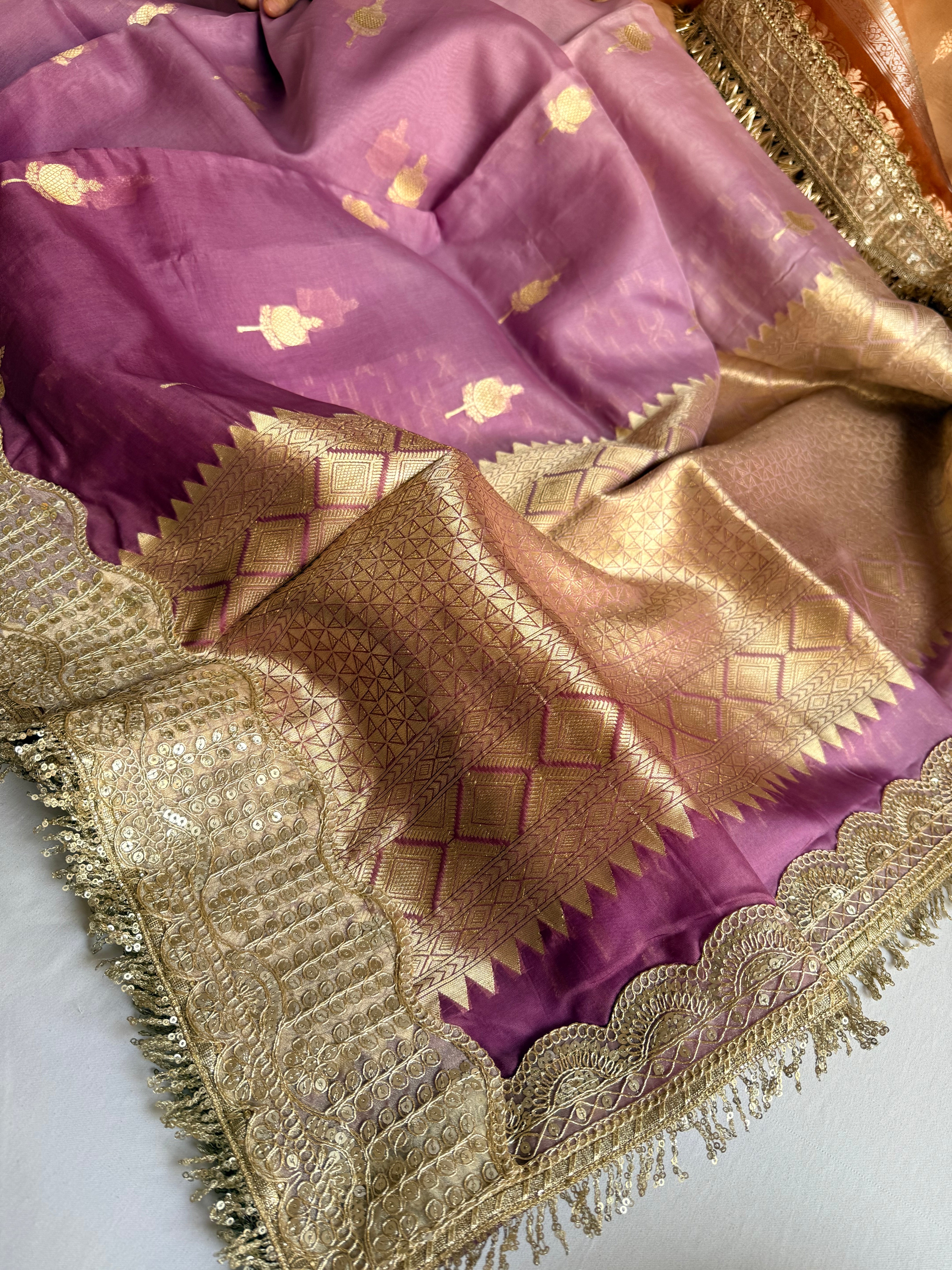 Banarasi ombré lilac kora silk kadhwa gotapatti saree