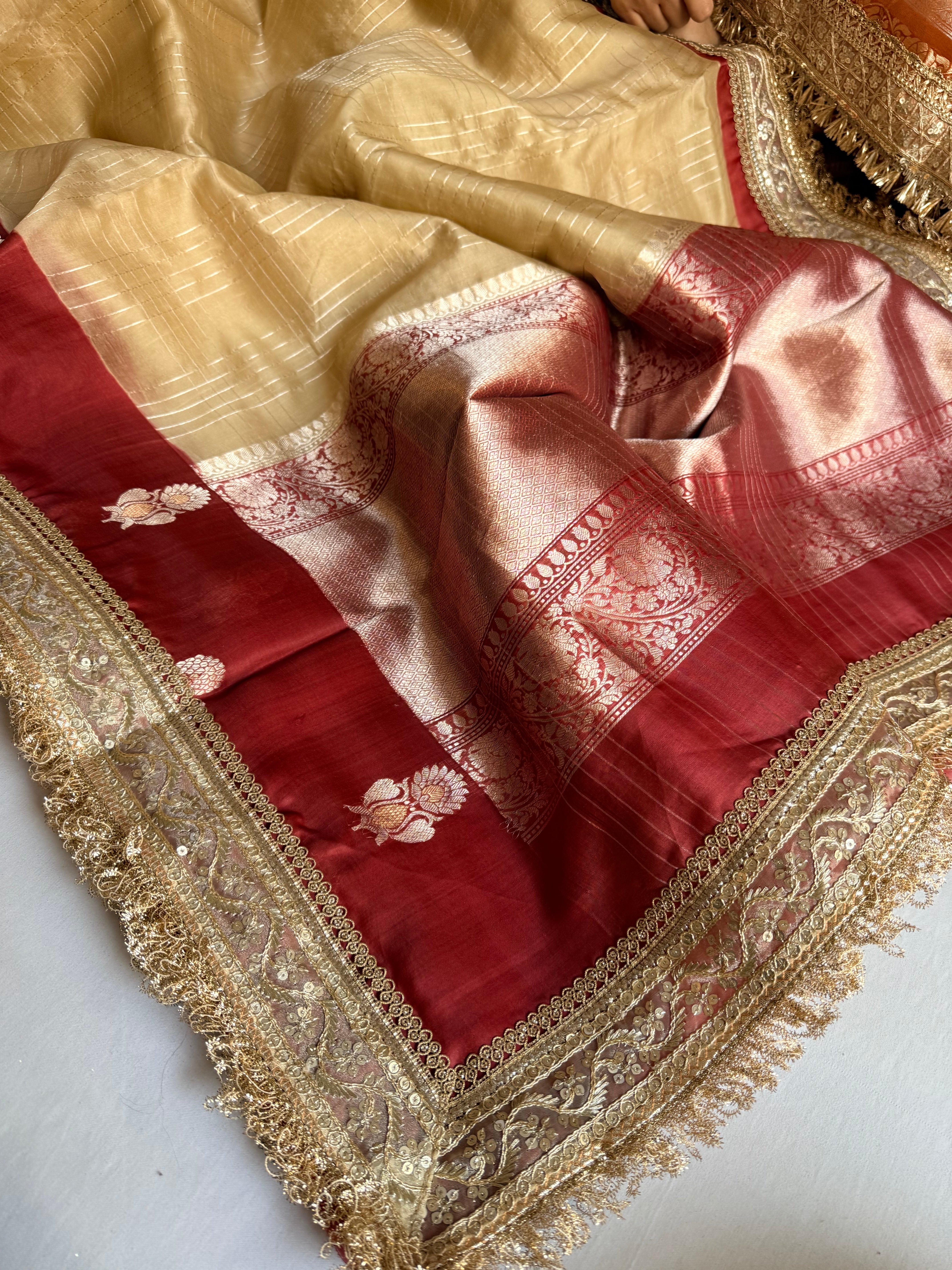 Banarasi leela soft gold-red kora silk kadhwa saree