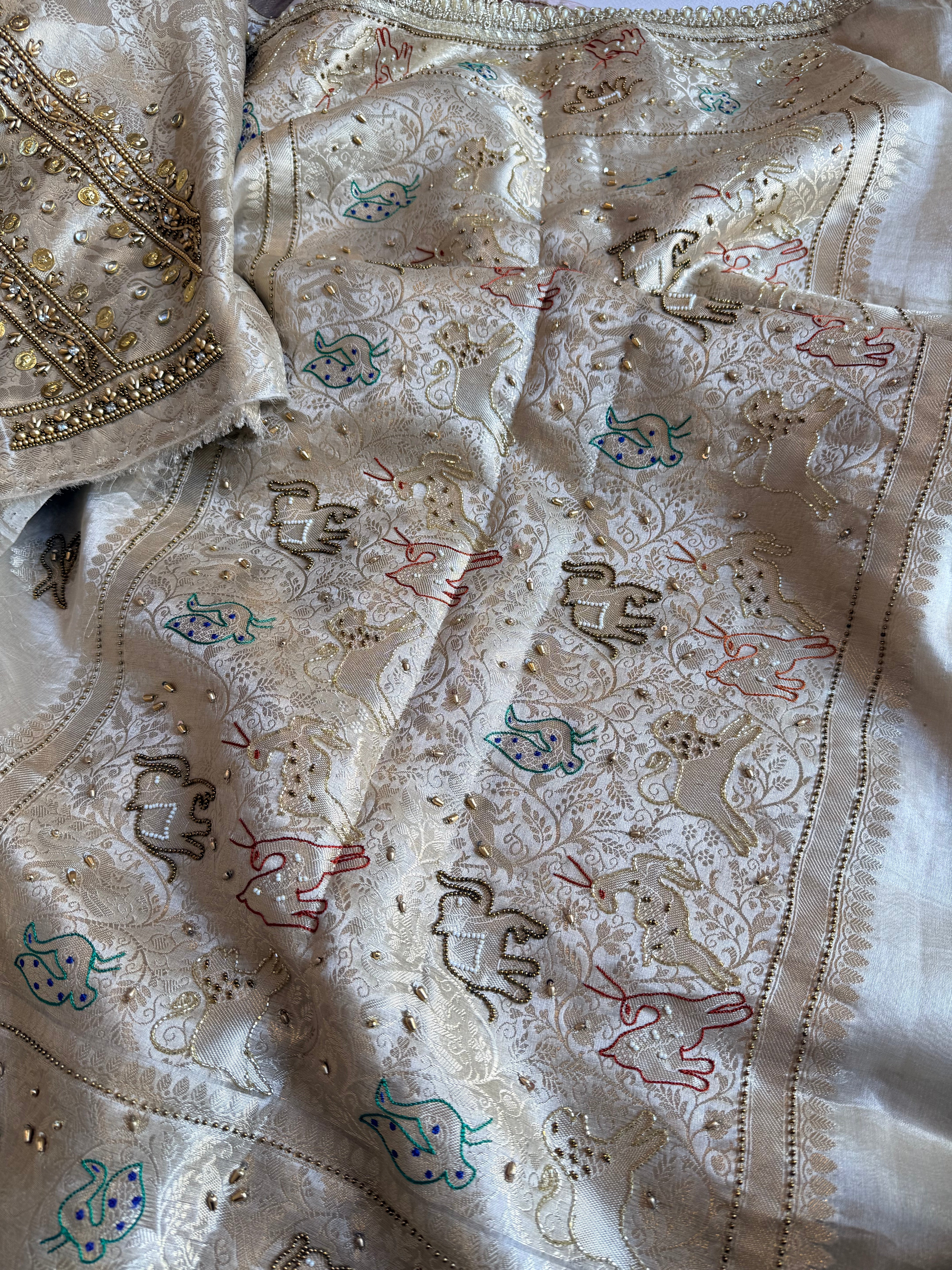 Vrindavan edit saree - Champagne gold diamond tissue silk hand embroidered jadau work saree
