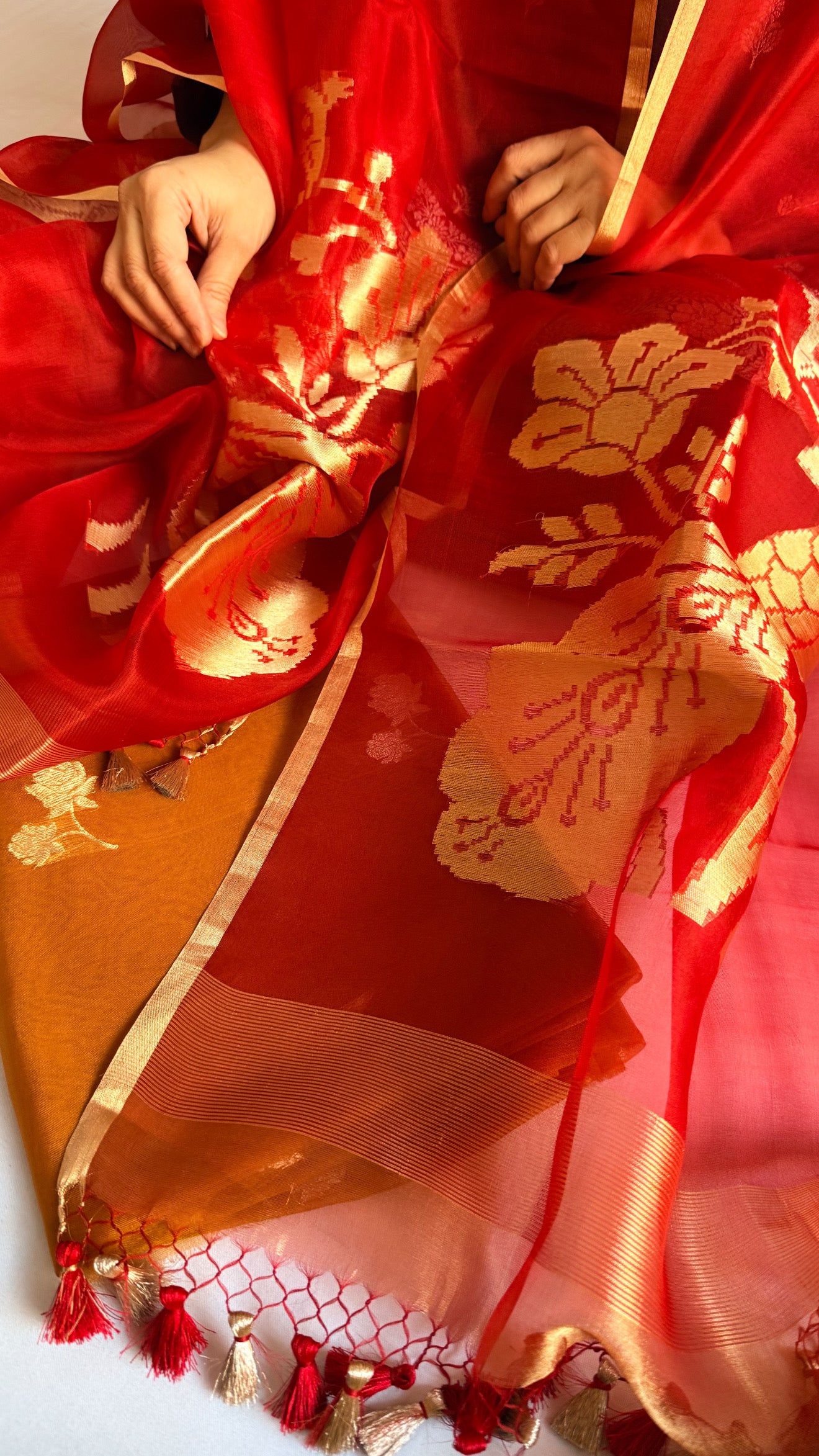 Peacock motif kora silk kadhwa mustard-red combination suit set