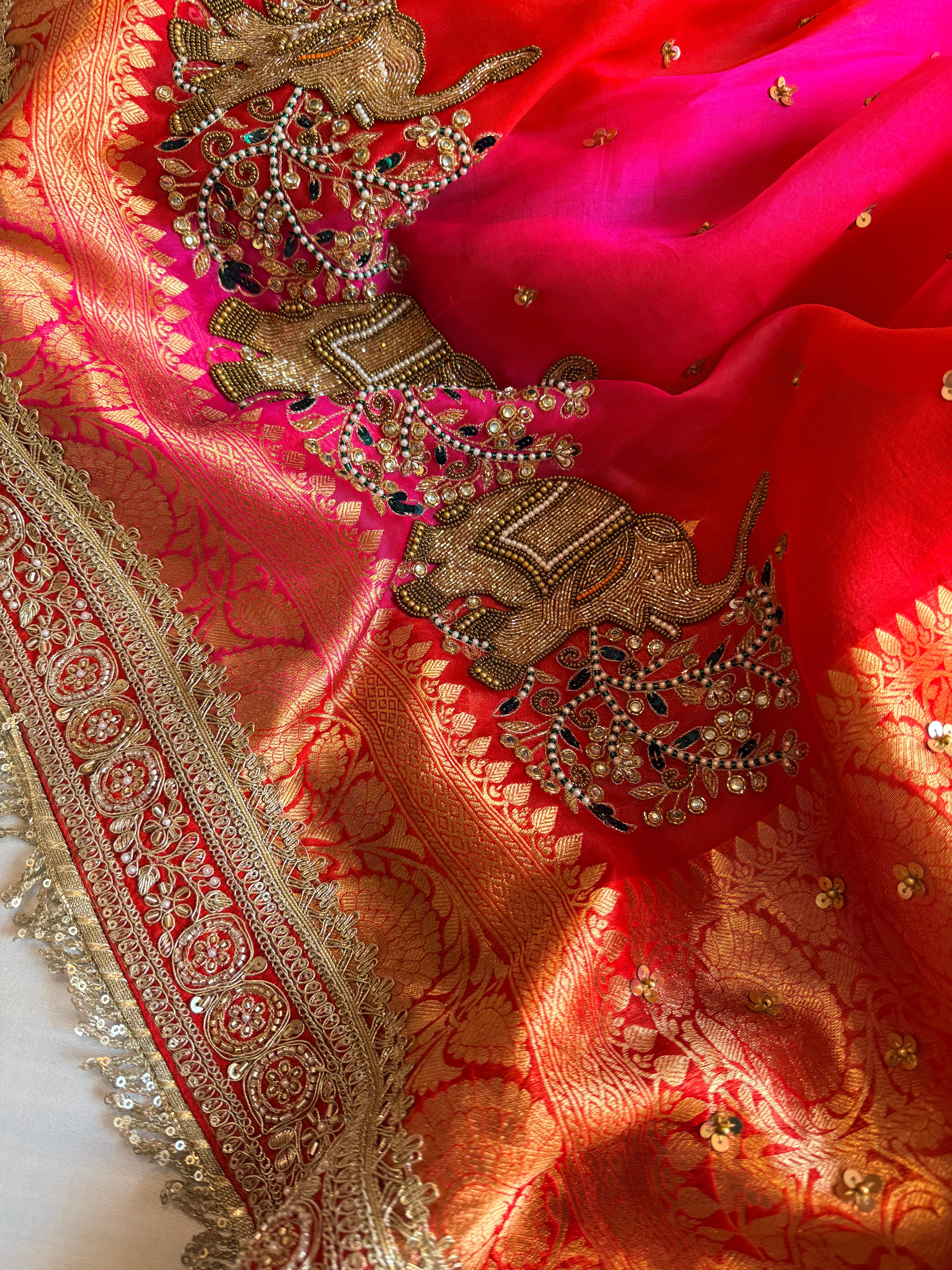 Red-Rani ombre shaded kora silk chunri buti hand embroidered saree