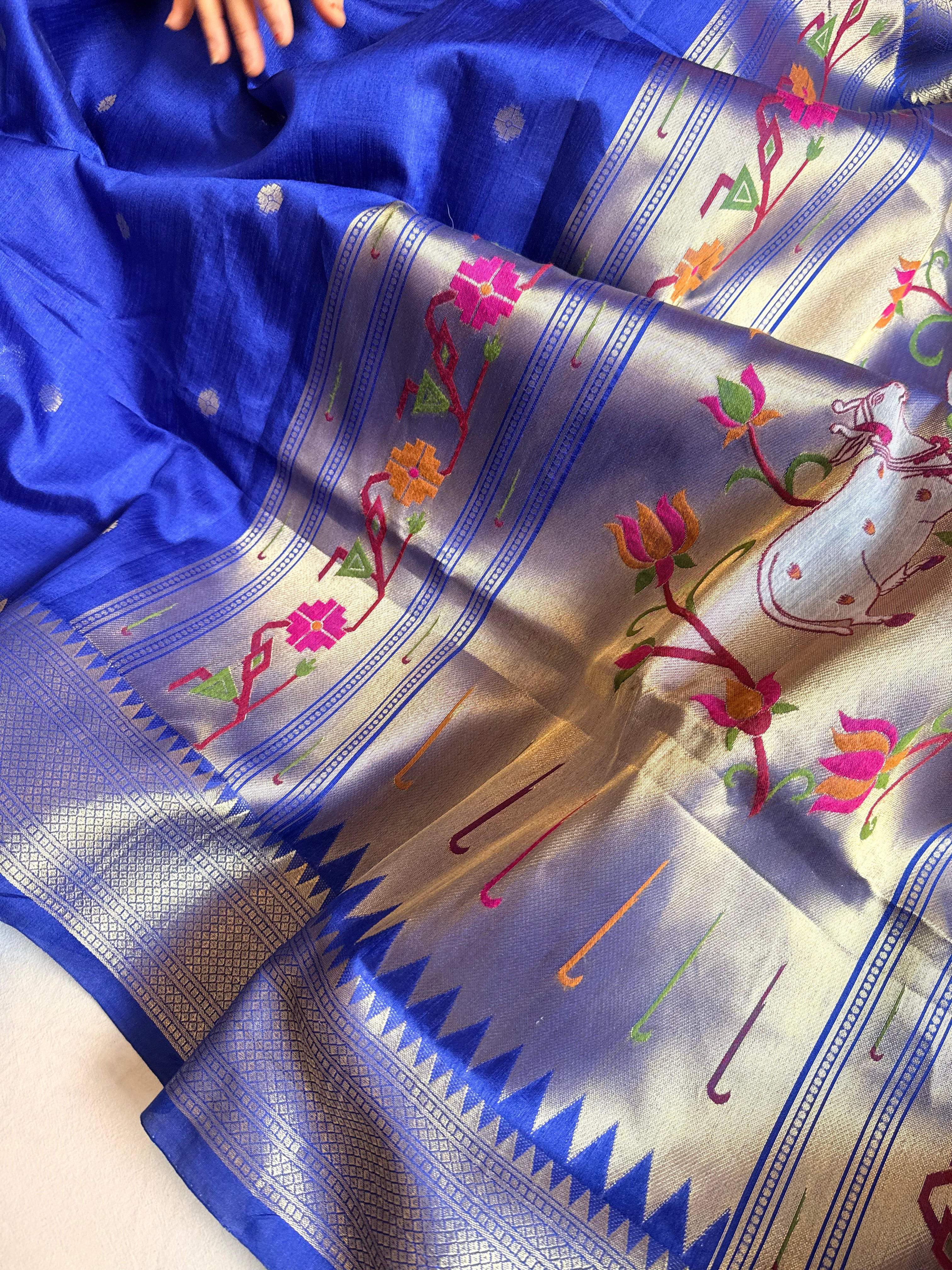 Ink blue mul cotton paithani weaving kadhwa banarasi saree