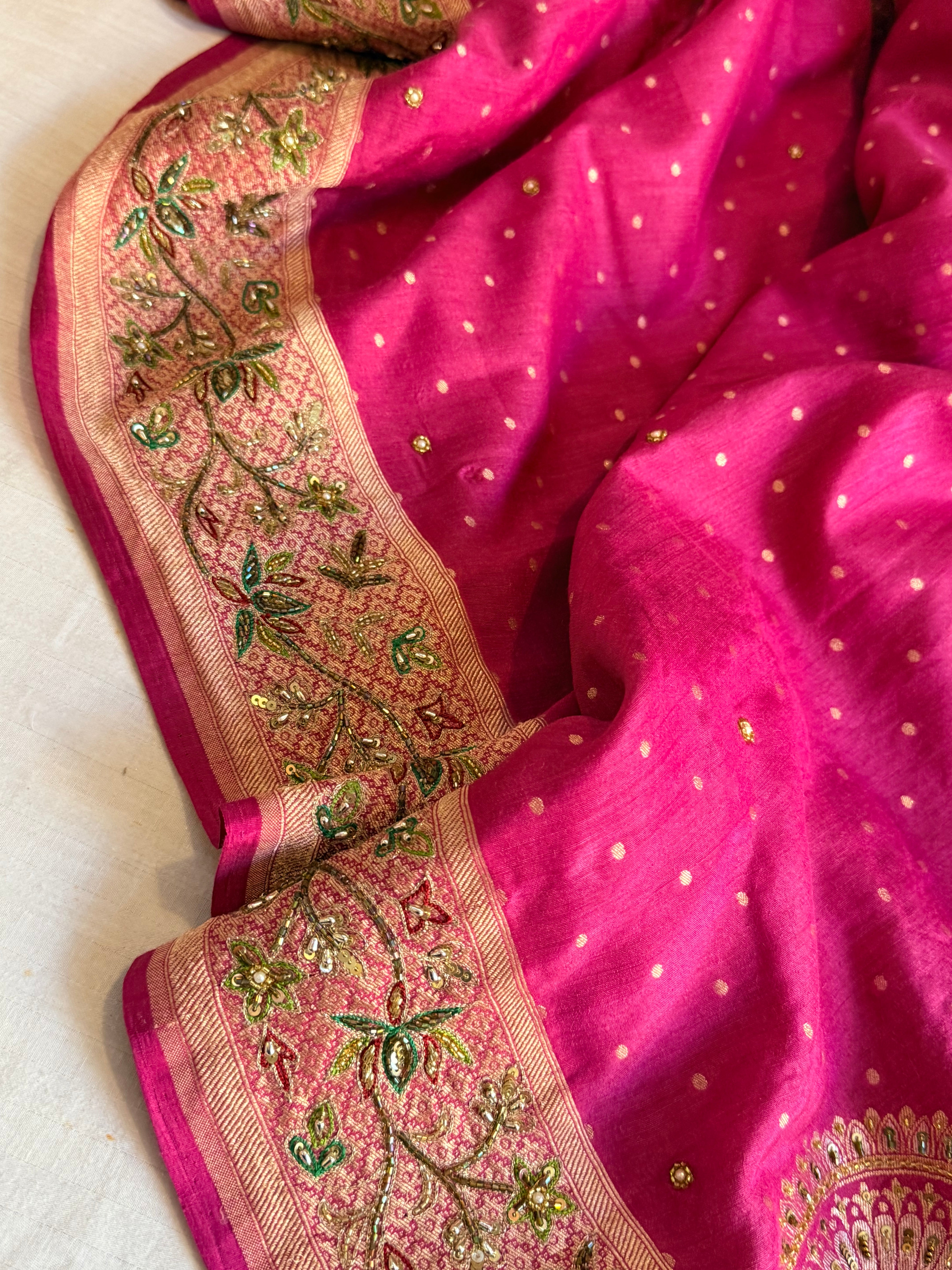 Banarasi moonga silk hand embroidered hot pink kadhwa saree