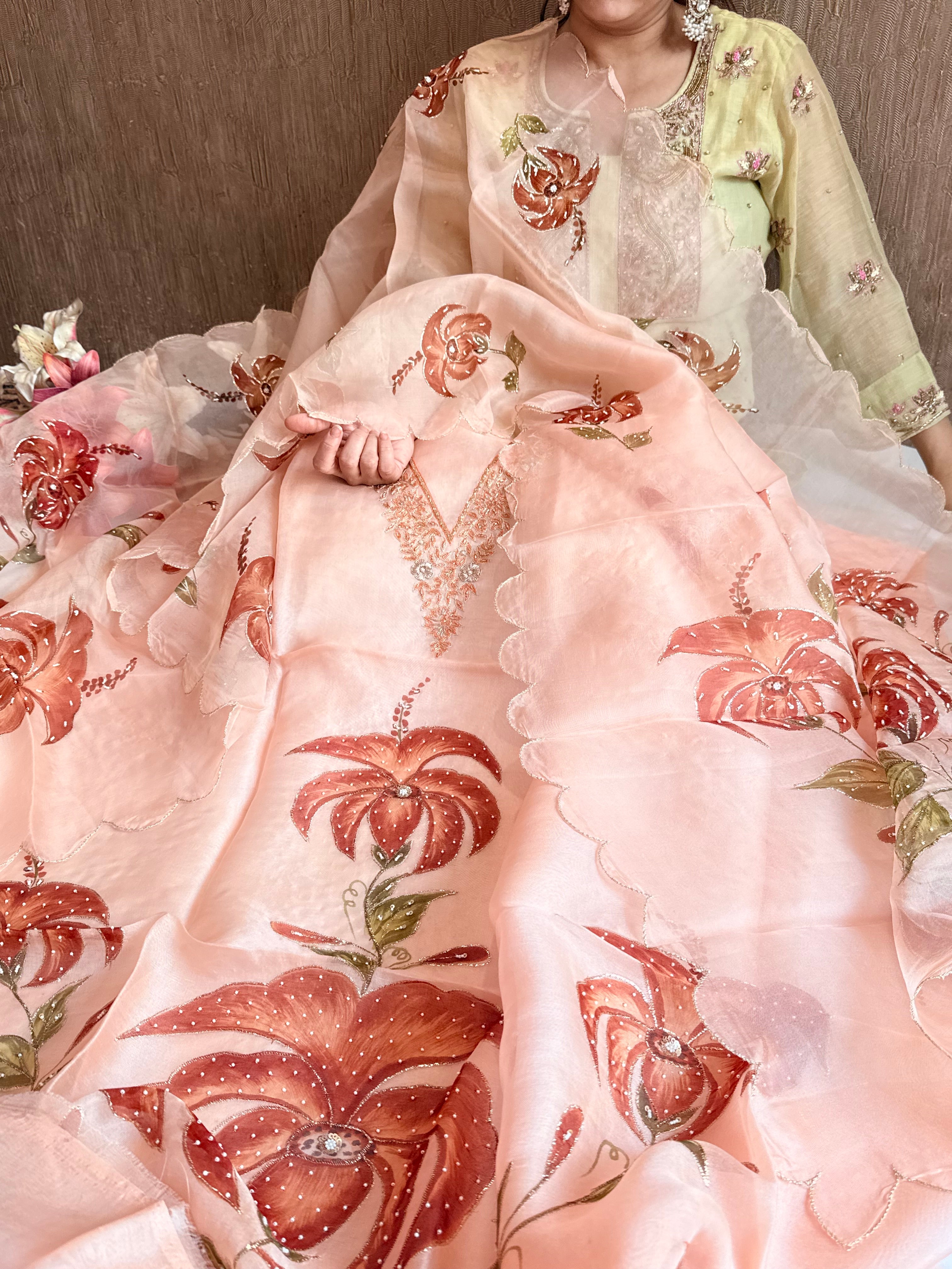 Banarasi Kora silk hand embroidered floral printed suit set