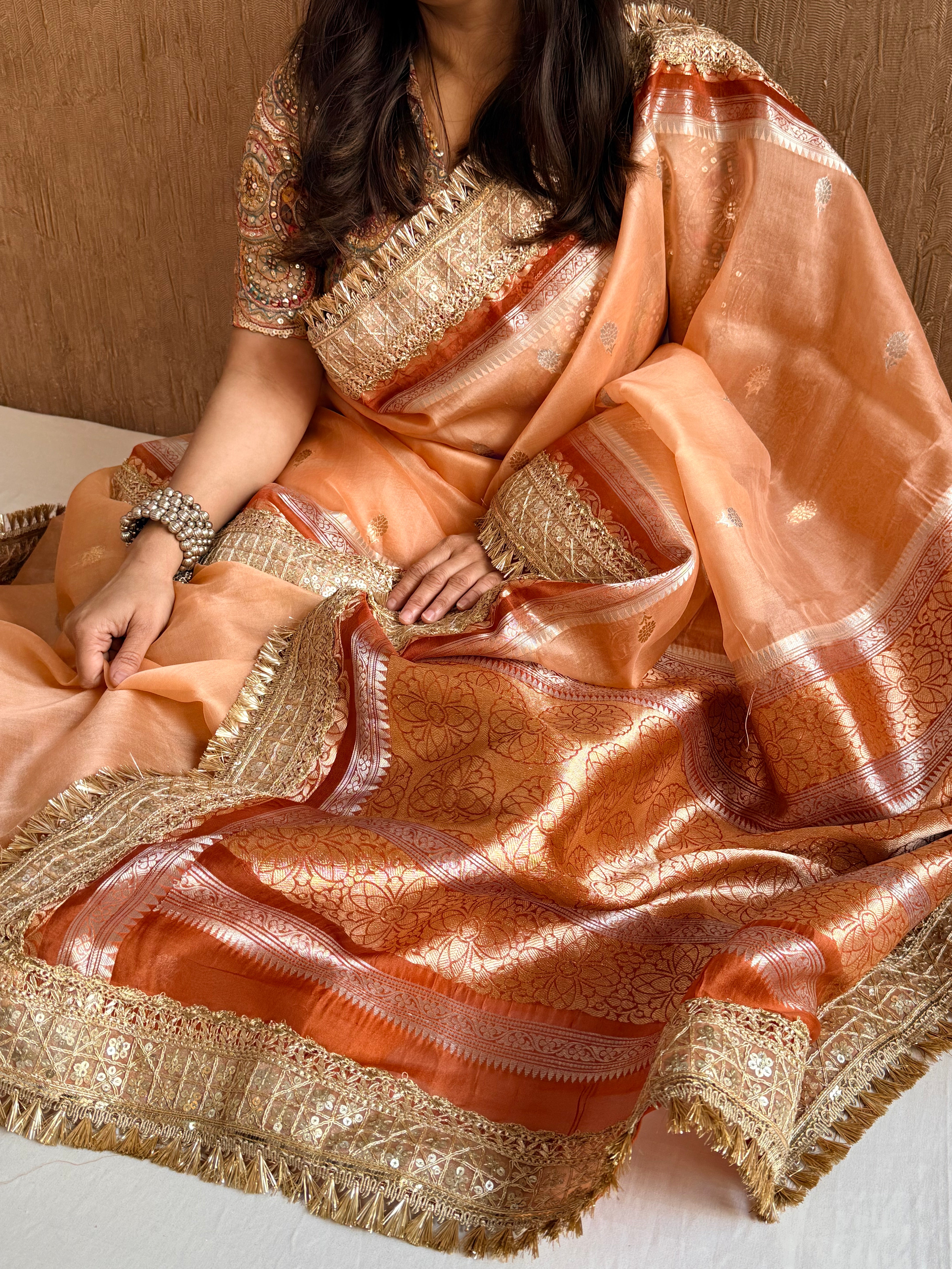 Leela banarasi kora silk peach-red combination saree