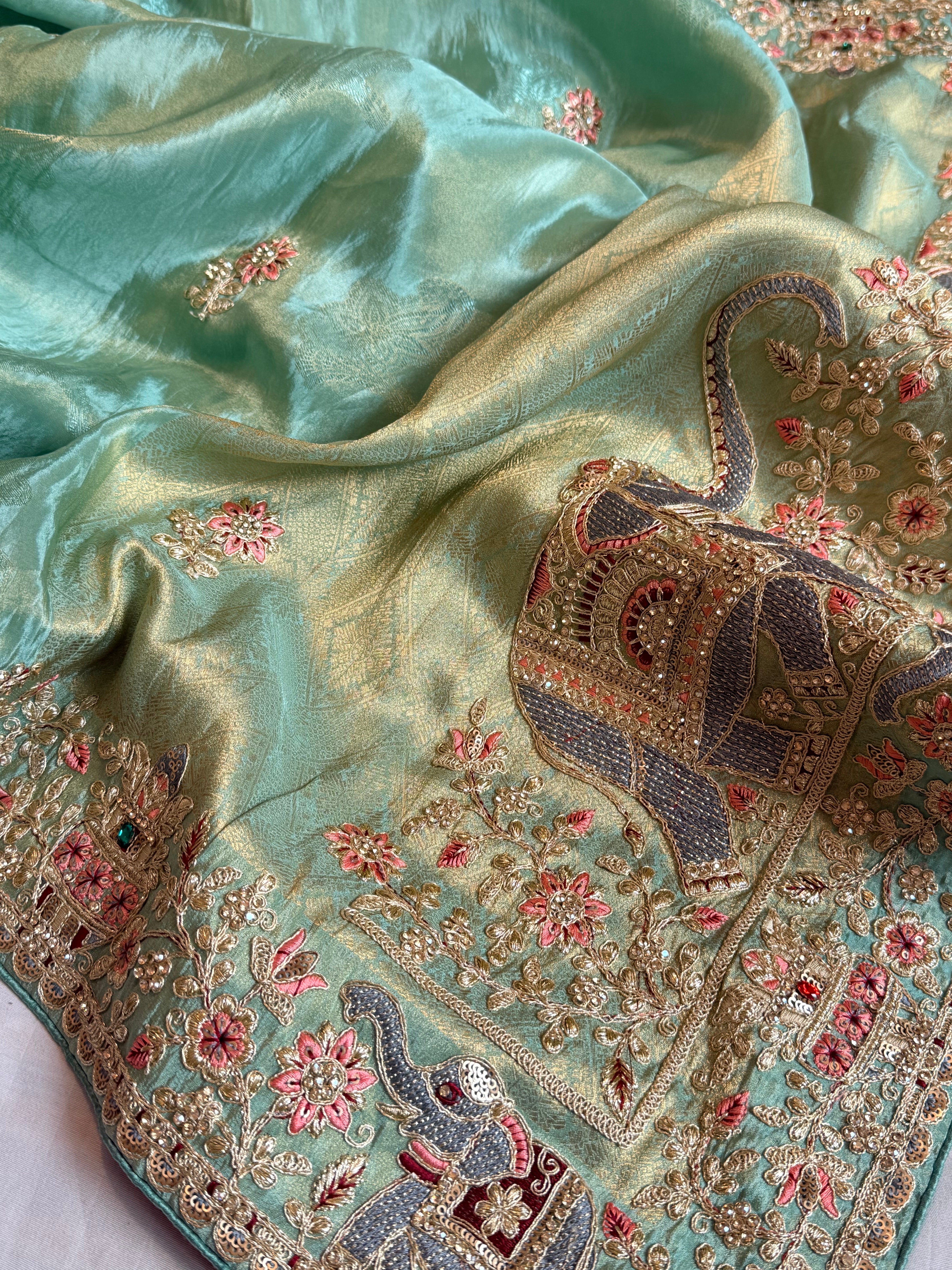 Sea blue hathi wali crepe tissue embroidered saree