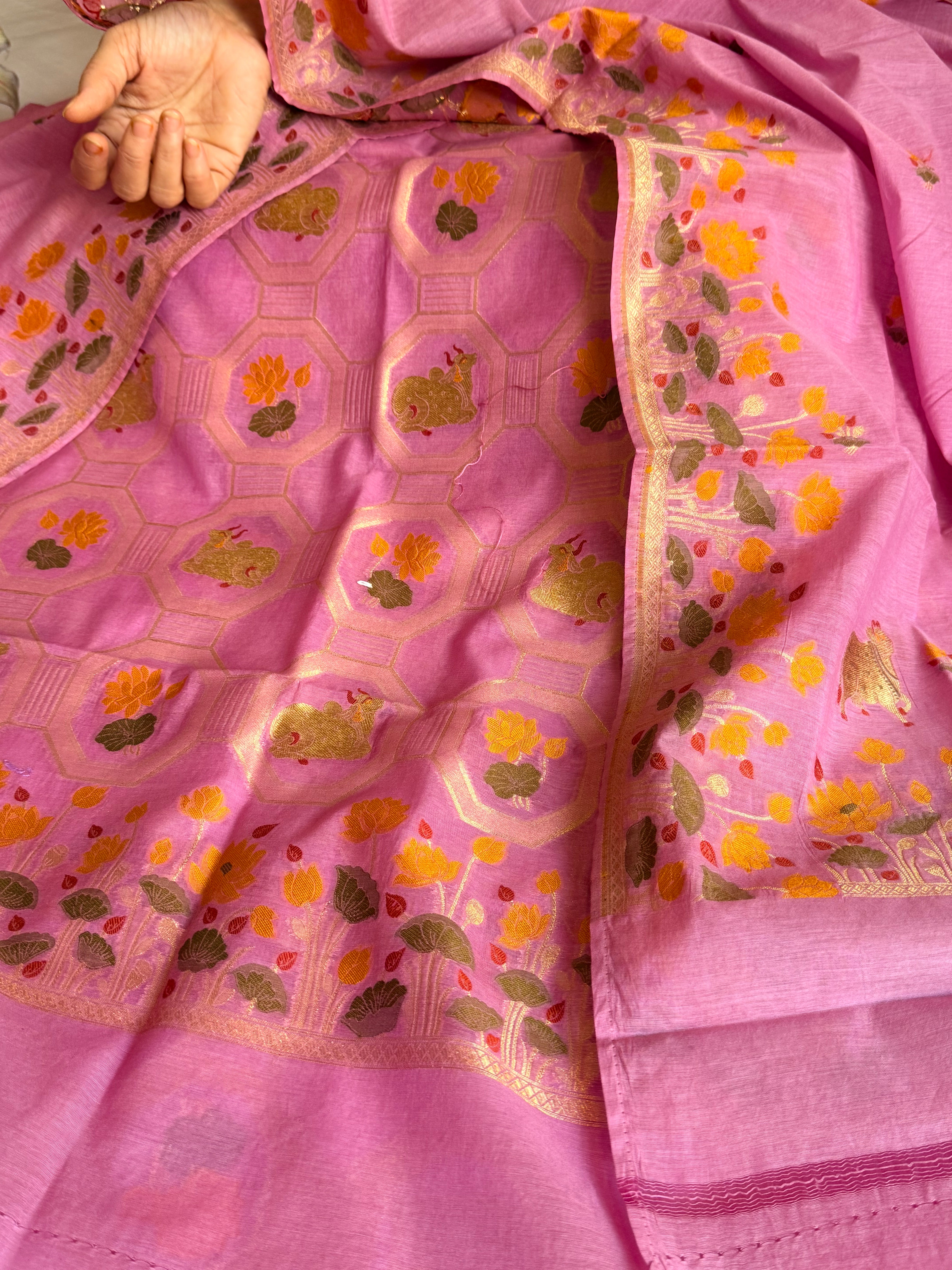 Mul cotton banarasi meenakari nandu motif suit sets