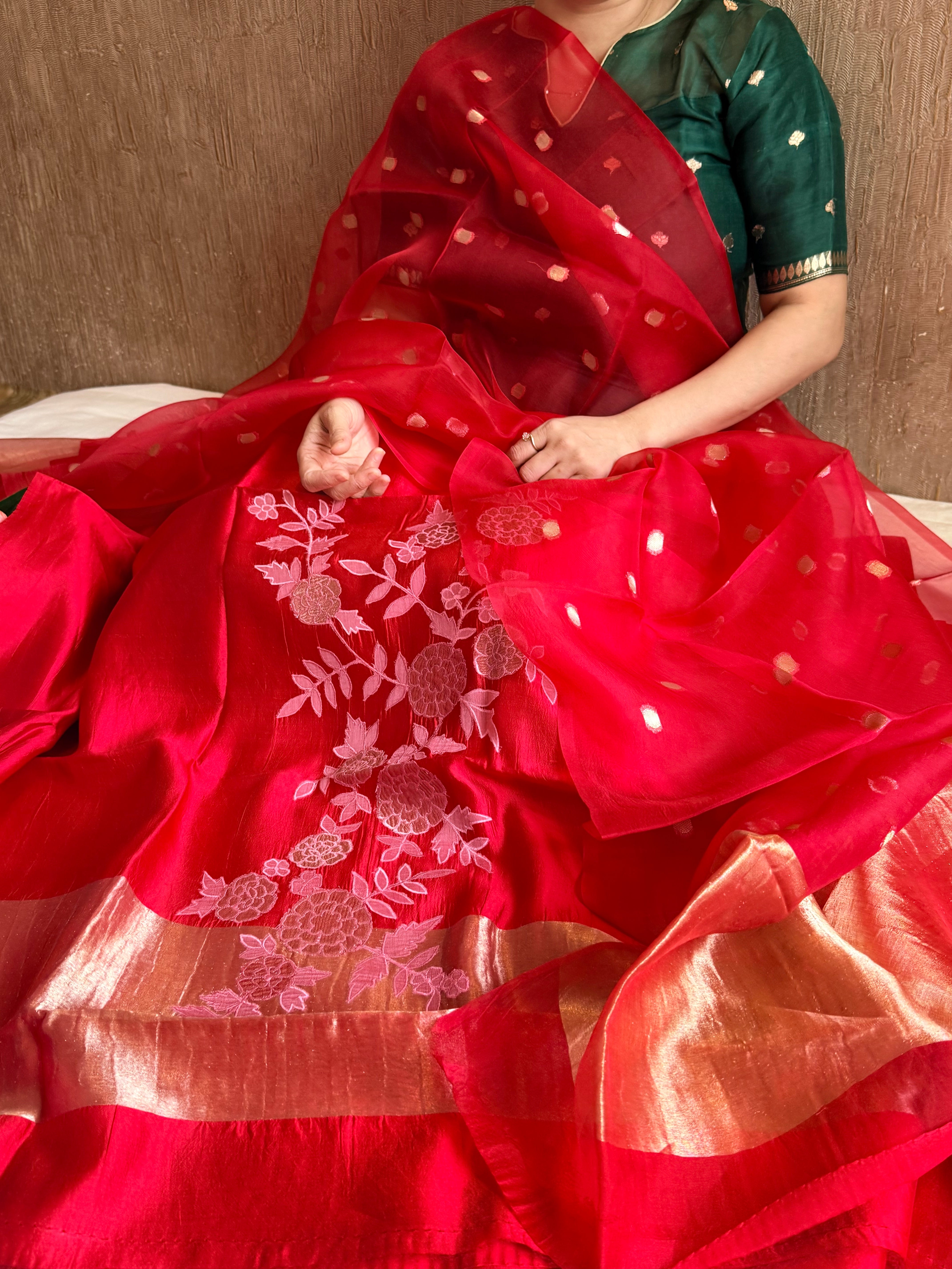 Mango tissue silk appliqué work suit set with kora tissue duppata